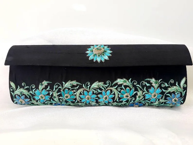 Embroidered Turquoise Floral Silk Rectangle Evening Clutch Bag with Emeralds