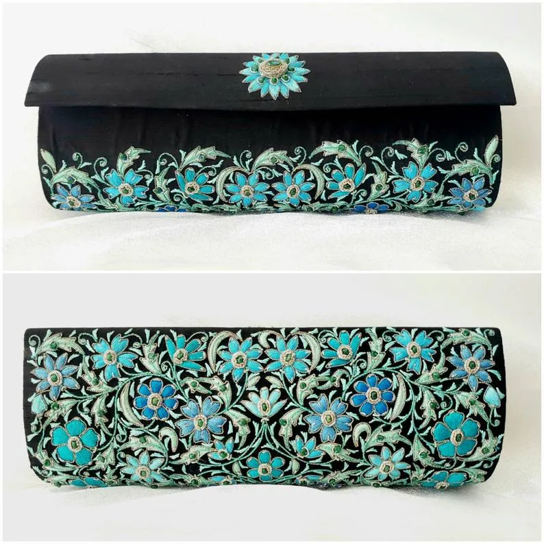 Embroidered Turquoise Floral Silk Rectangle Evening Clutch Bag with Emeralds