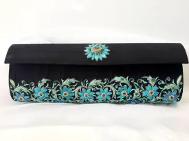 Embroidered Turquoise Floral Silk Rectangle Evening Clutch Bag with Emeralds