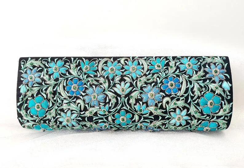 Embroidered Turquoise Floral Silk Rectangle Evening Clutch Bag with Emeralds
