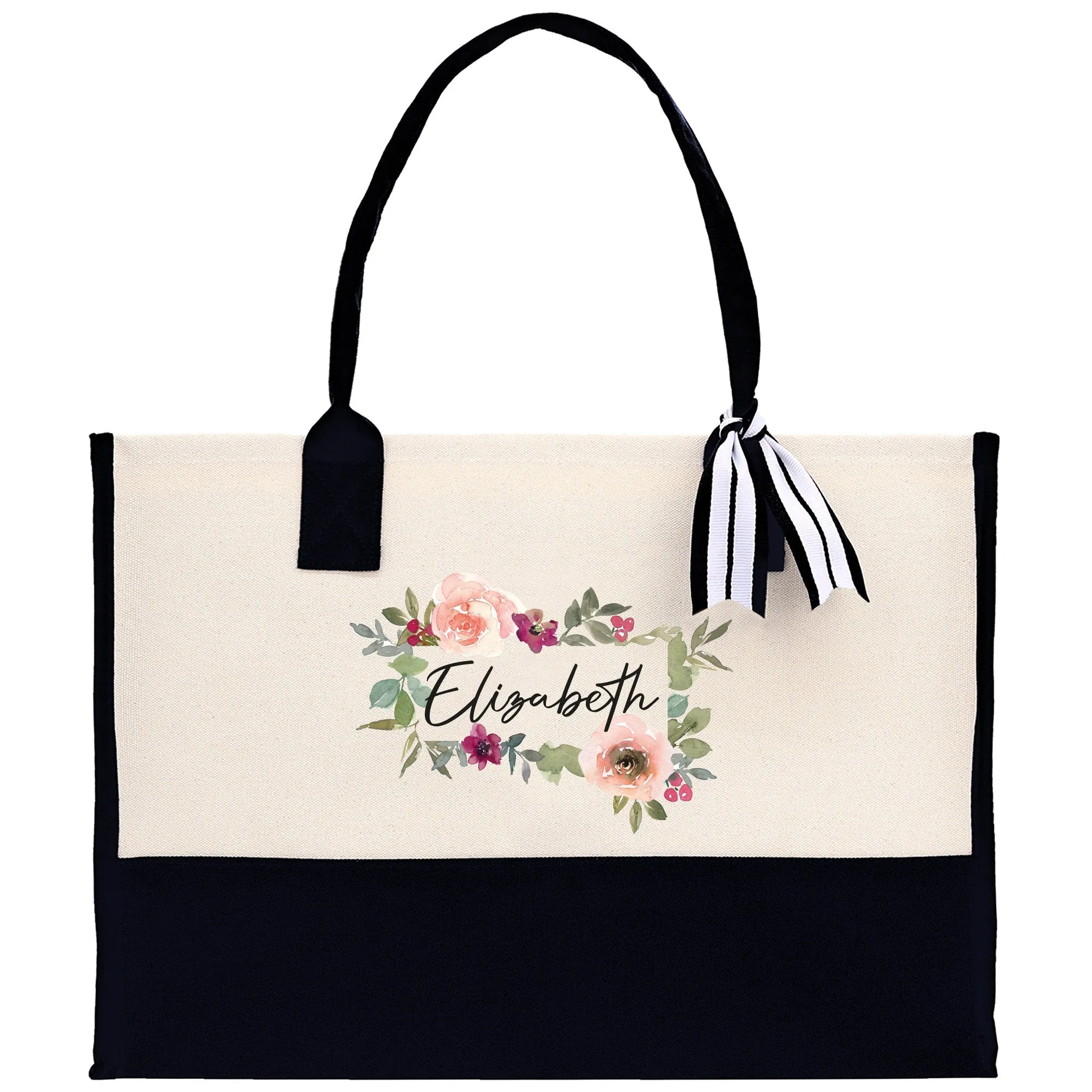 Floral Frame Custom Name Cotton Canvas Tote Bag Personalized Bridesmaid Gift Bag Wedding Birthday Gift Custom Name Tote Maid of Honor Gift