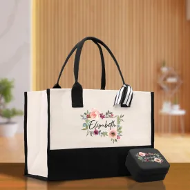 Floral Frame Custom Name Cotton Canvas Tote Bag Personalized Bridesmaid Gift Bag Wedding Birthday Gift Custom Name Tote Maid of Honor Gift