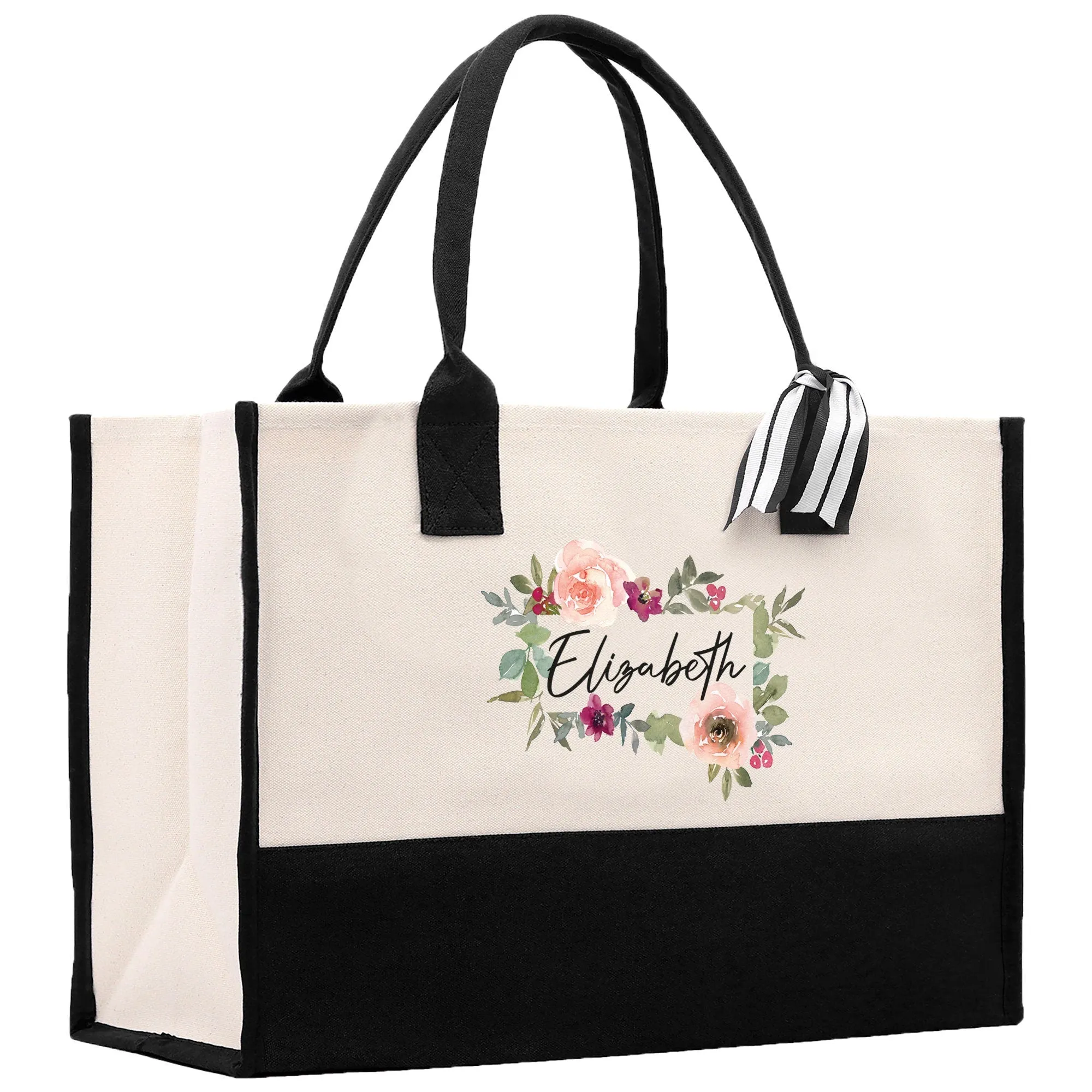 Floral Frame Custom Name Cotton Canvas Tote Bag Personalized Bridesmaid Gift Bag Wedding Birthday Gift Custom Name Tote Maid of Honor Gift
