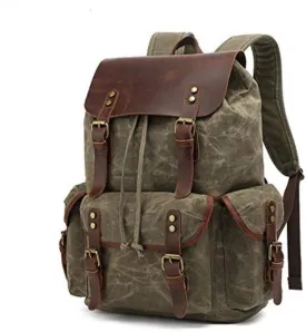 Genuine Leather Canvas waxed Backpack Travel Rucksack Laptop Bag Army Green
