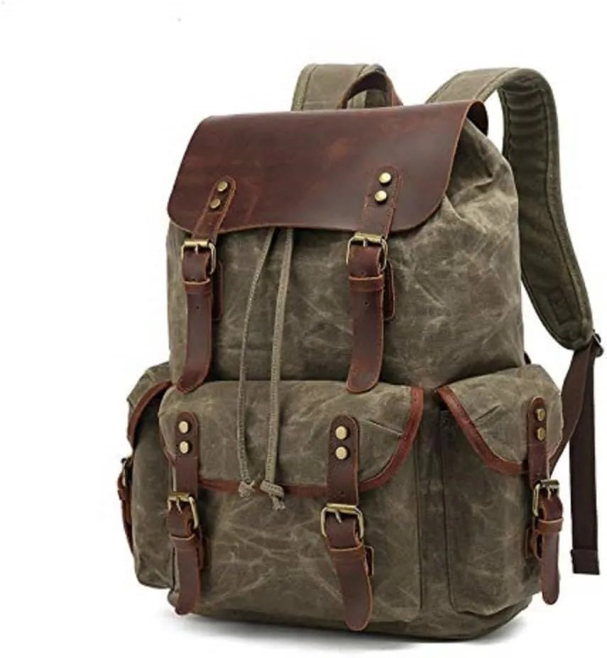 Genuine Leather Canvas waxed Backpack Travel Rucksack Laptop Bag Army Green