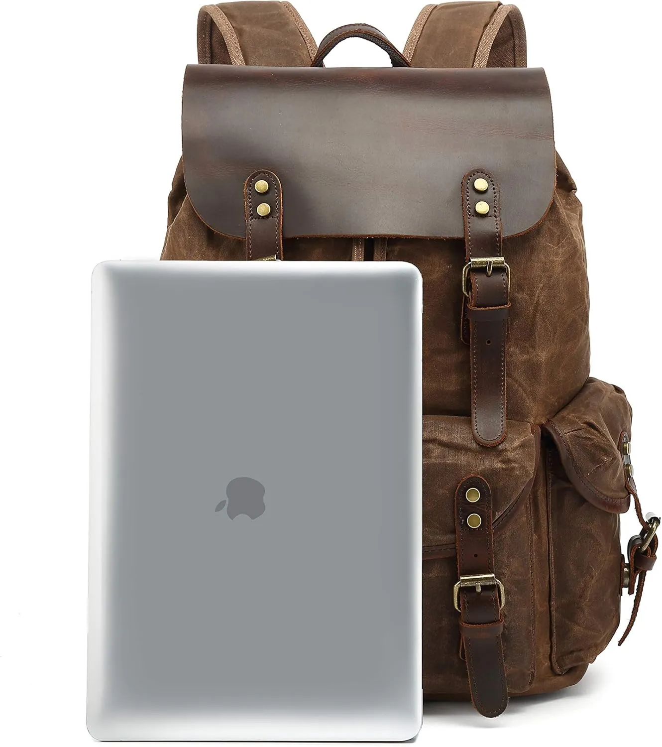Genuine Leather Canvas waxed Backpack Travel Rucksack Laptop Bag Army Green