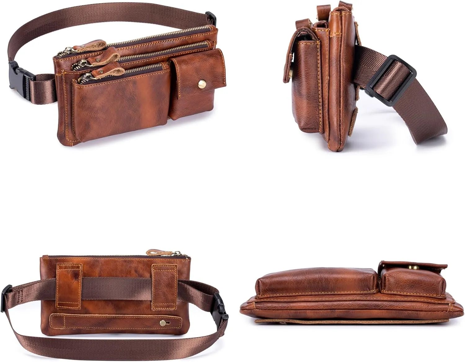 Genuine Leather Fanny Pack Waist Bag for Men Women Clutch Bag Hip Bum Bag Travel Pouch Sling Bag Crossbody Chest Bags Shoulder Daypack Multiple Pockets Waist Pack Brown