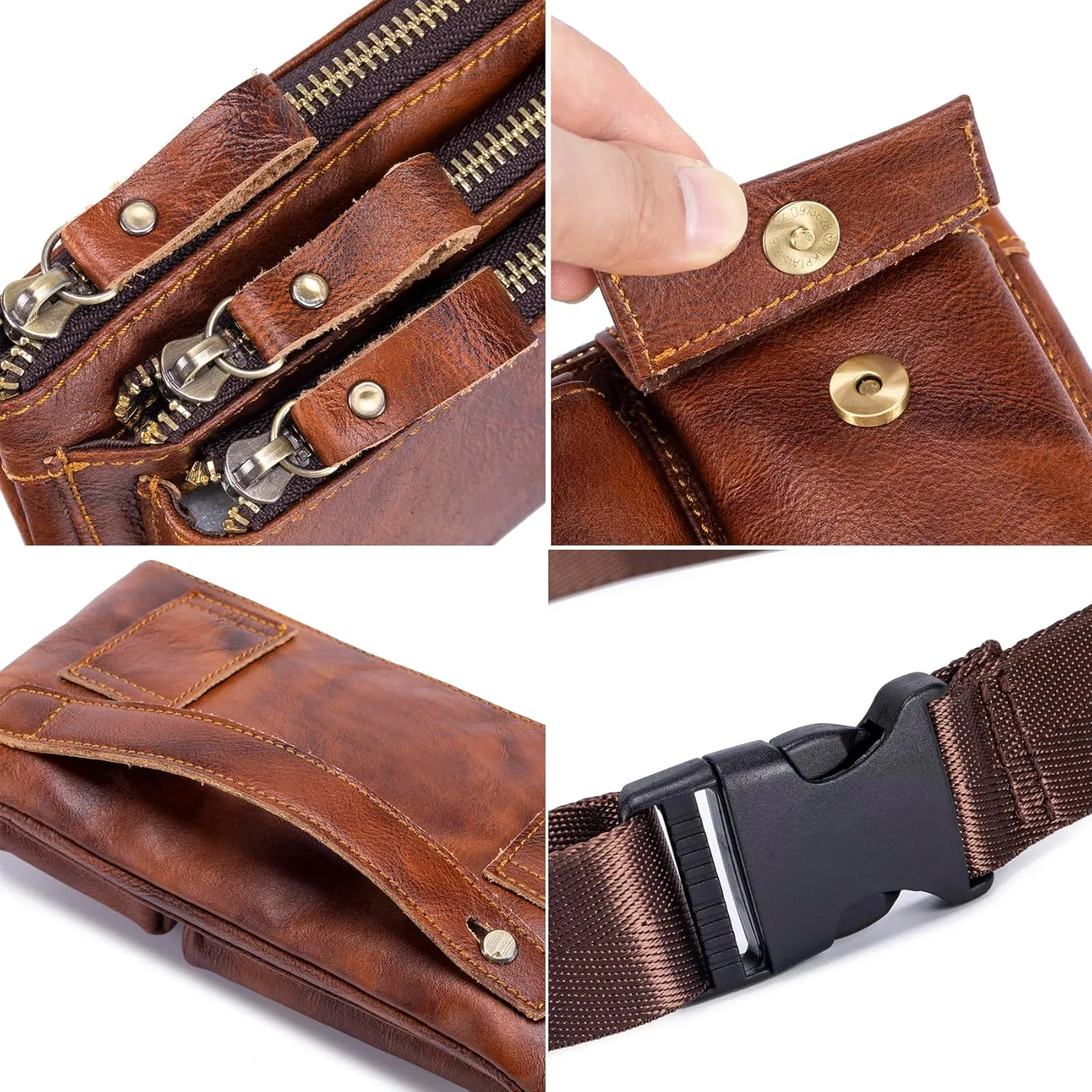 Genuine Leather Fanny Pack Waist Bag for Men Women Clutch Bag Hip Bum Bag Travel Pouch Sling Bag Crossbody Chest Bags Shoulder Daypack Multiple Pockets Waist Pack Brown