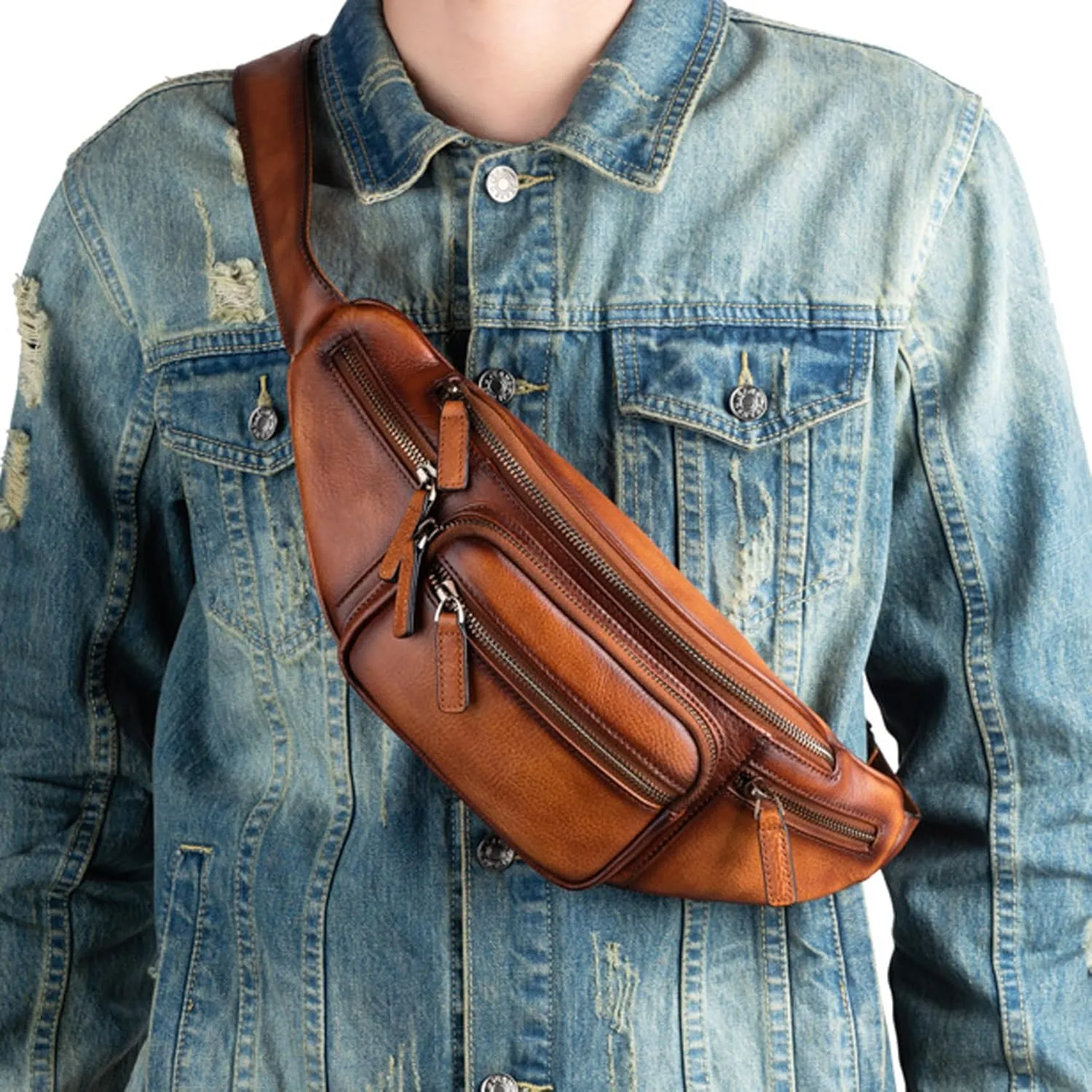 Genuine Leather Fanny Pack Waist Bag for Men Women Hip Bum Bag Travel Pouch Sling Bag Crossbody Chest Bags Shoulder Daypack Multiple Pockets Waist Pack Brown