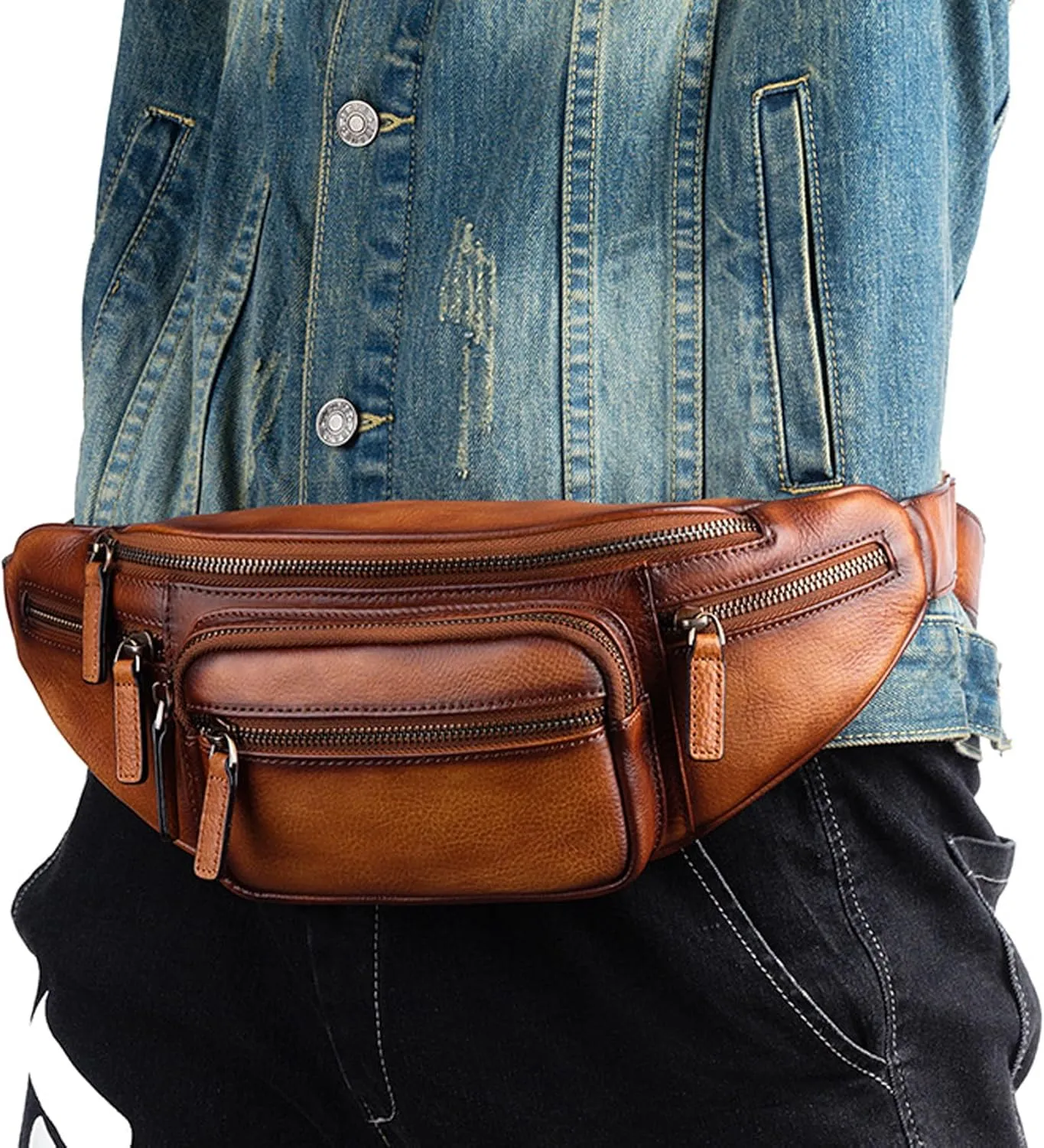 Genuine Leather Fanny Pack Waist Bag for Men Women Hip Bum Bag Travel Pouch Sling Bag Crossbody Chest Bags Shoulder Daypack Multiple Pockets Waist Pack Brown