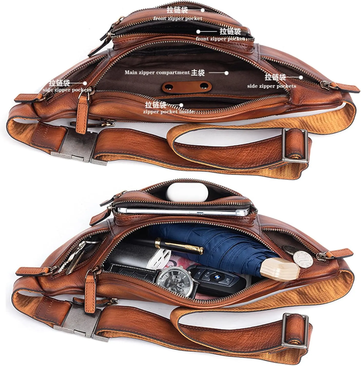 Genuine Leather Fanny Pack Waist Bag for Men Women Hip Bum Bag Travel Pouch Sling Bag Crossbody Chest Bags Shoulder Daypack Multiple Pockets Waist Pack Brown