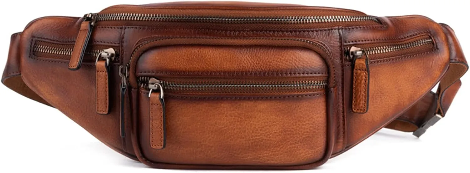 Genuine Leather Fanny Pack Waist Bag for Men Women Hip Bum Bag Travel Pouch Sling Bag Crossbody Chest Bags Shoulder Daypack Multiple Pockets Waist Pack Brown