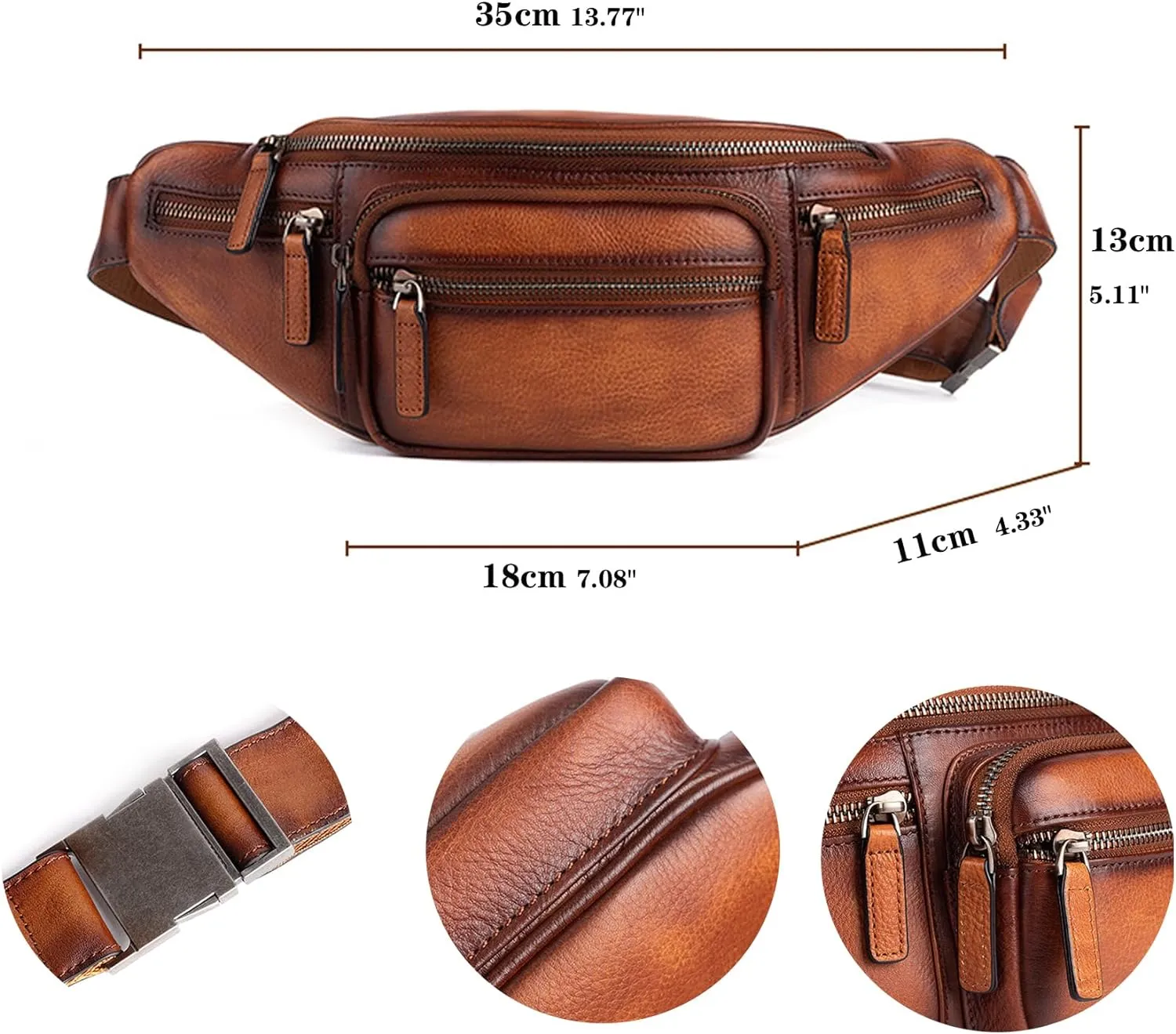 Genuine Leather Fanny Pack Waist Bag for Men Women Hip Bum Bag Travel Pouch Sling Bag Crossbody Chest Bags Shoulder Daypack Multiple Pockets Waist Pack Brown