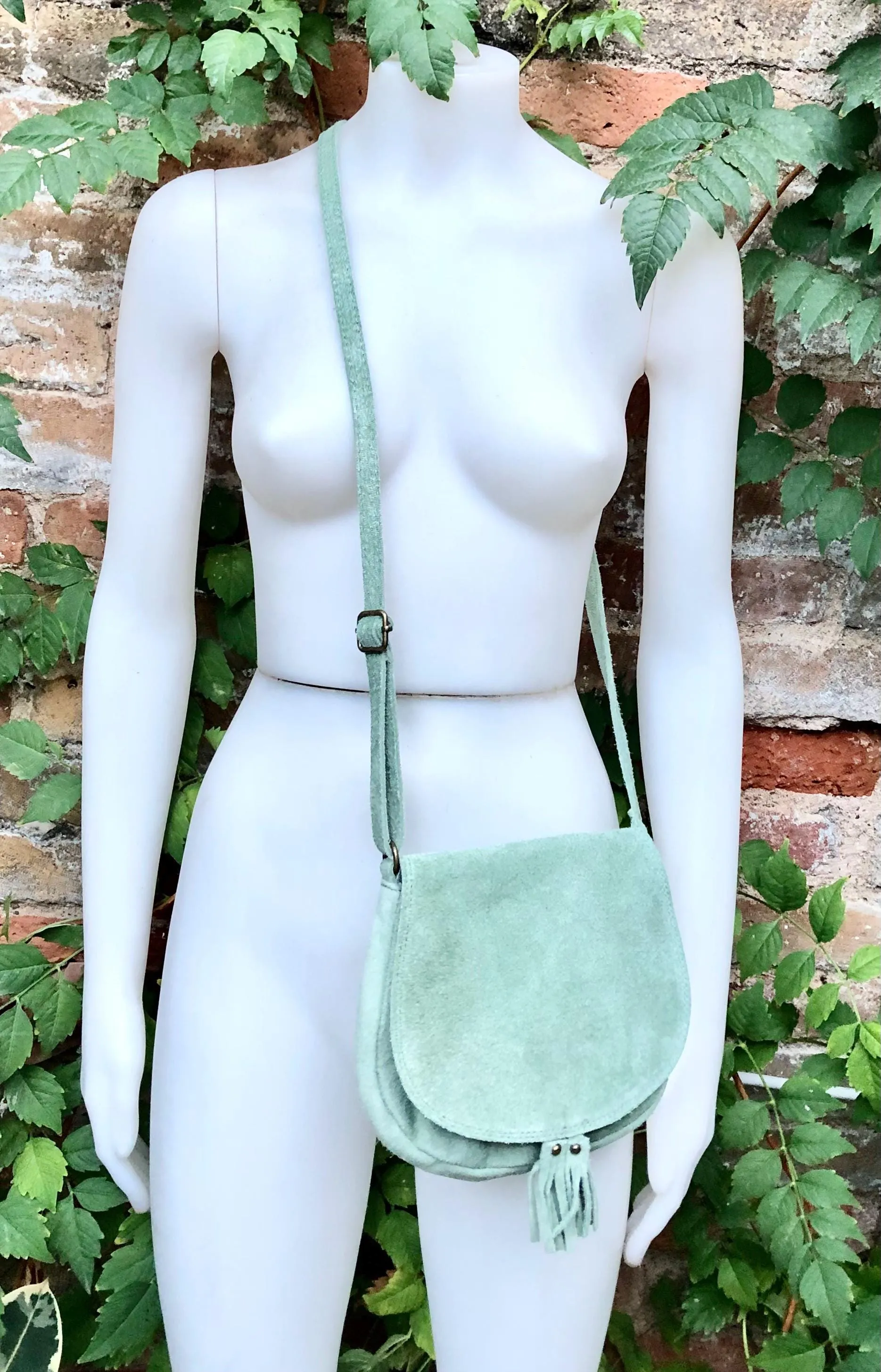 Green suede bag. Small crossbody /shoulder genuine leather purse. Sage green boho messenger bag with flap, zipper   tassel. Mint hippy purse