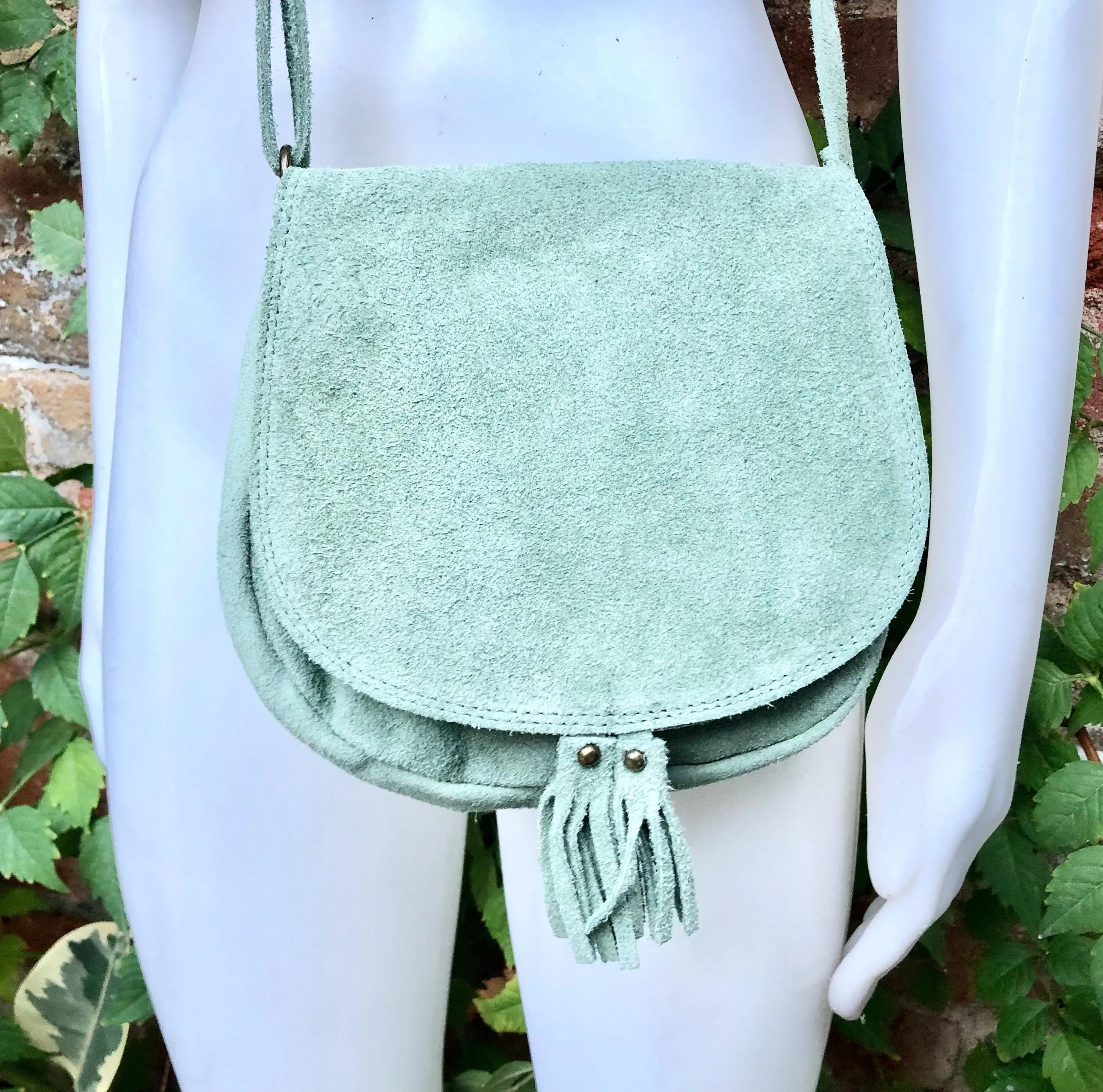 Green suede bag. Small crossbody /shoulder genuine leather purse. Sage green boho messenger bag with flap, zipper   tassel. Mint hippy purse