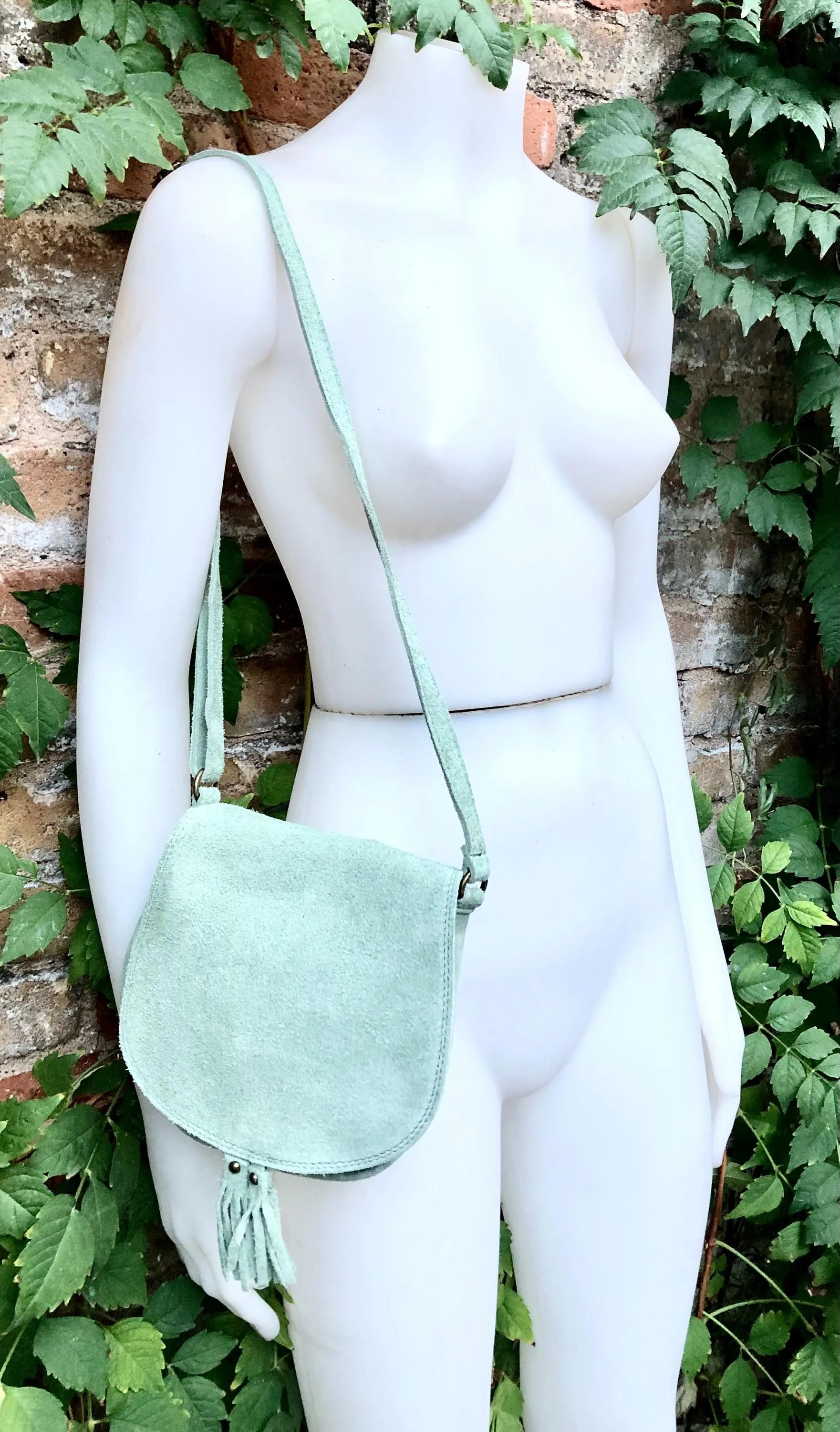 Green suede bag. Small crossbody /shoulder genuine leather purse. Sage green boho messenger bag with flap, zipper   tassel. Mint hippy purse