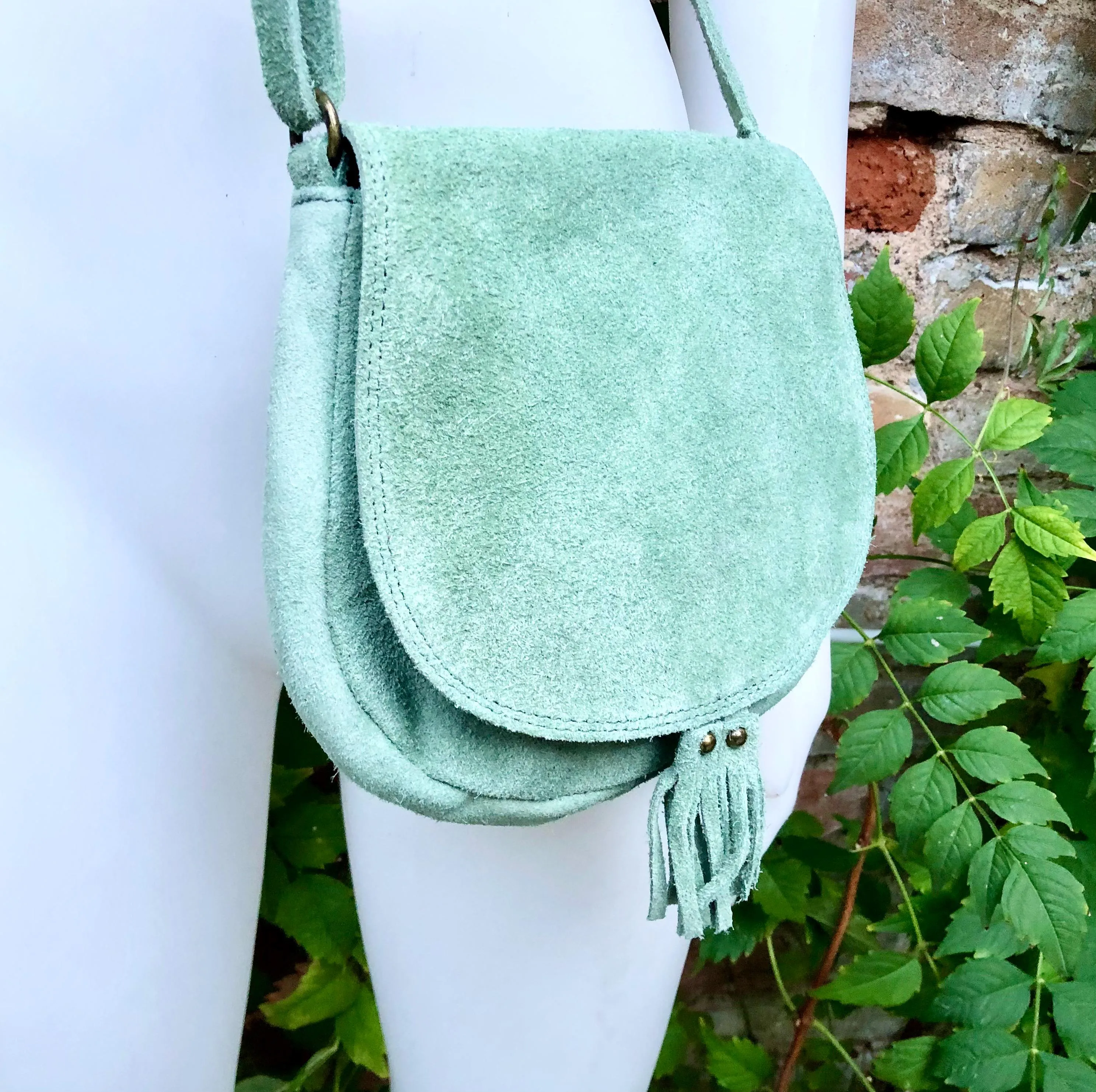 Green suede bag. Small crossbody /shoulder genuine leather purse. Sage green boho messenger bag with flap, zipper   tassel. Mint hippy purse