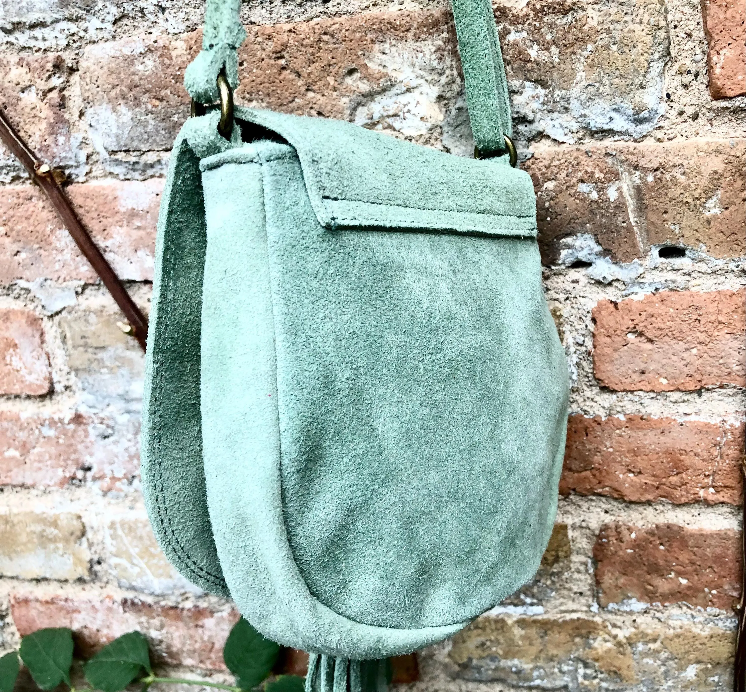 Green suede bag. Small crossbody /shoulder genuine leather purse. Sage green boho messenger bag with flap, zipper   tassel. Mint hippy purse