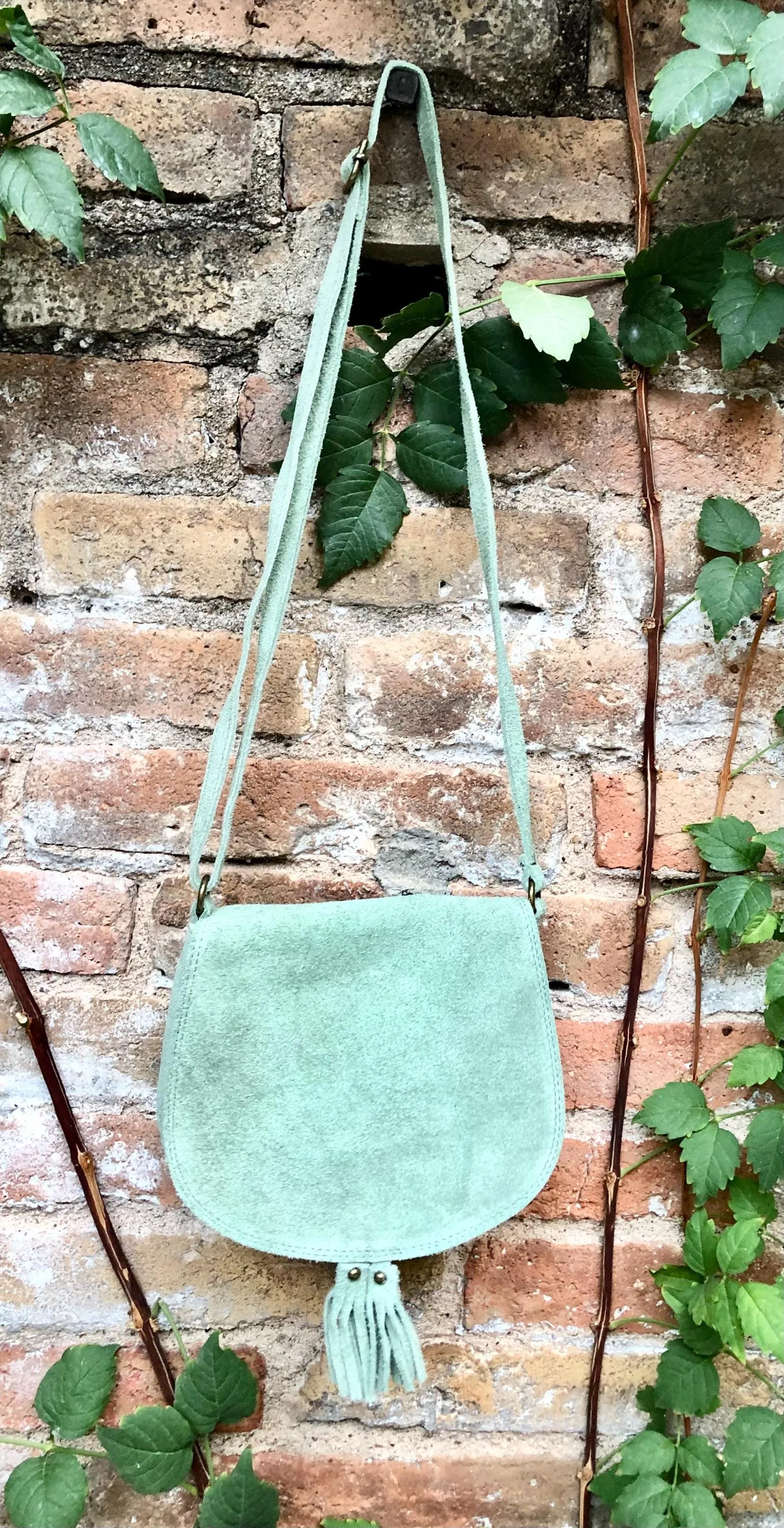 Green suede bag. Small crossbody /shoulder genuine leather purse. Sage green boho messenger bag with flap, zipper   tassel. Mint hippy purse