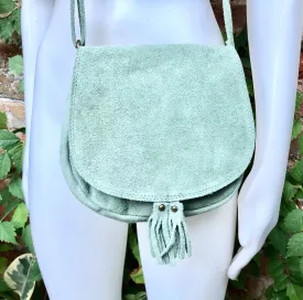 Green suede bag. Small crossbody /shoulder genuine leather purse. Sage green boho messenger bag with flap, zipper   tassel. Mint hippy purse