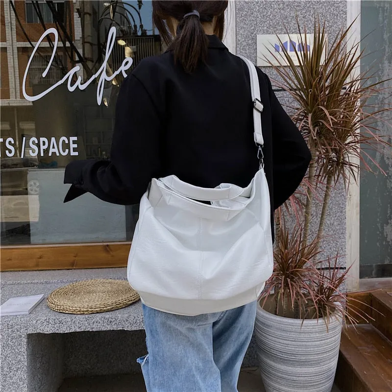 Half Moon Large Capacity Hobo Shopper Bag Soft PU -Green, White and Black