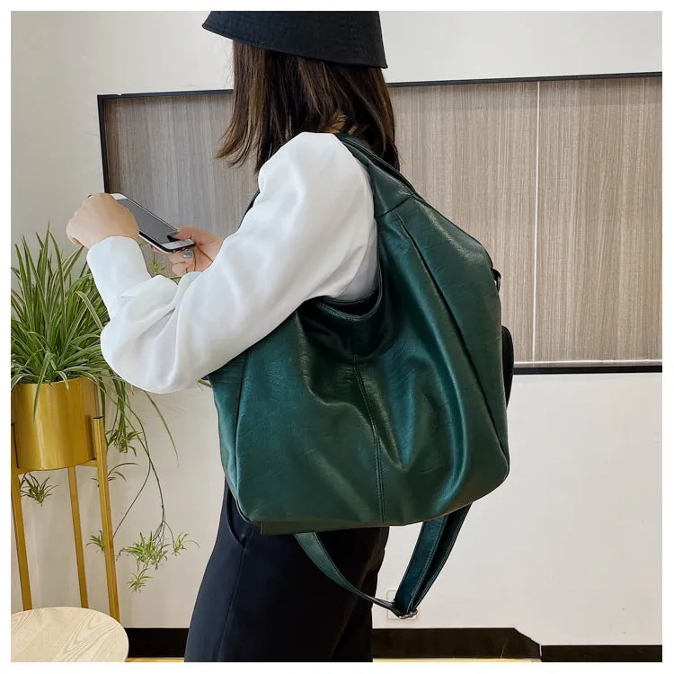 Half Moon Large Capacity Hobo Shopper Bag Soft PU -Green, White and Black