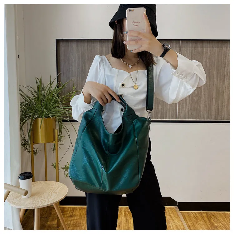 Half Moon Large Capacity Hobo Shopper Bag Soft PU -Green, White and Black