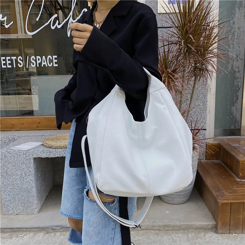 Half Moon Large Capacity Hobo Shopper Bag Soft PU -Green, White and Black
