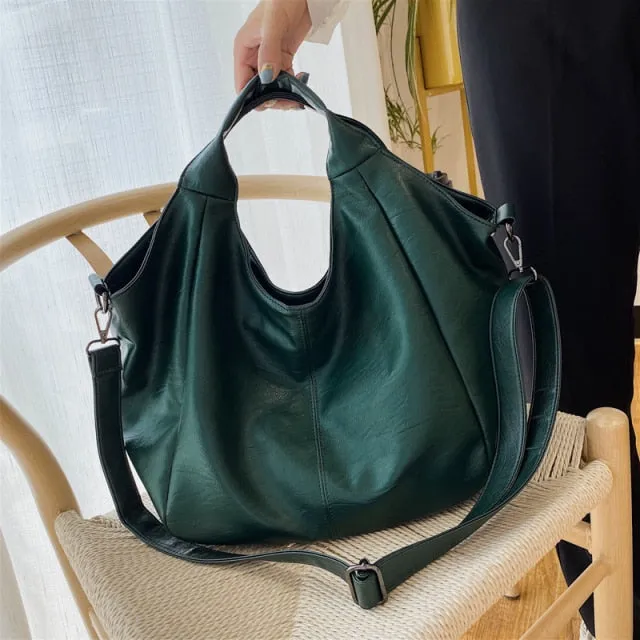 Half Moon Large Capacity Hobo Shopper Bag Soft PU -Green, White and Black