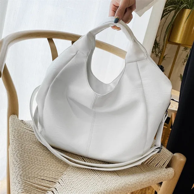 Half Moon Large Capacity Hobo Shopper Bag Soft PU -Green, White and Black