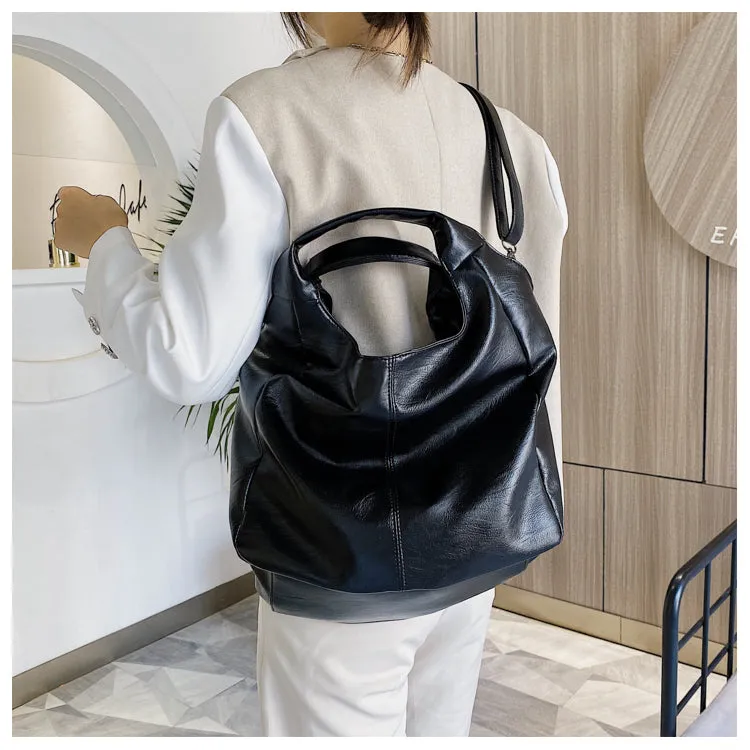 Half Moon Large Capacity Hobo Shopper Bag Soft PU -Green, White and Black