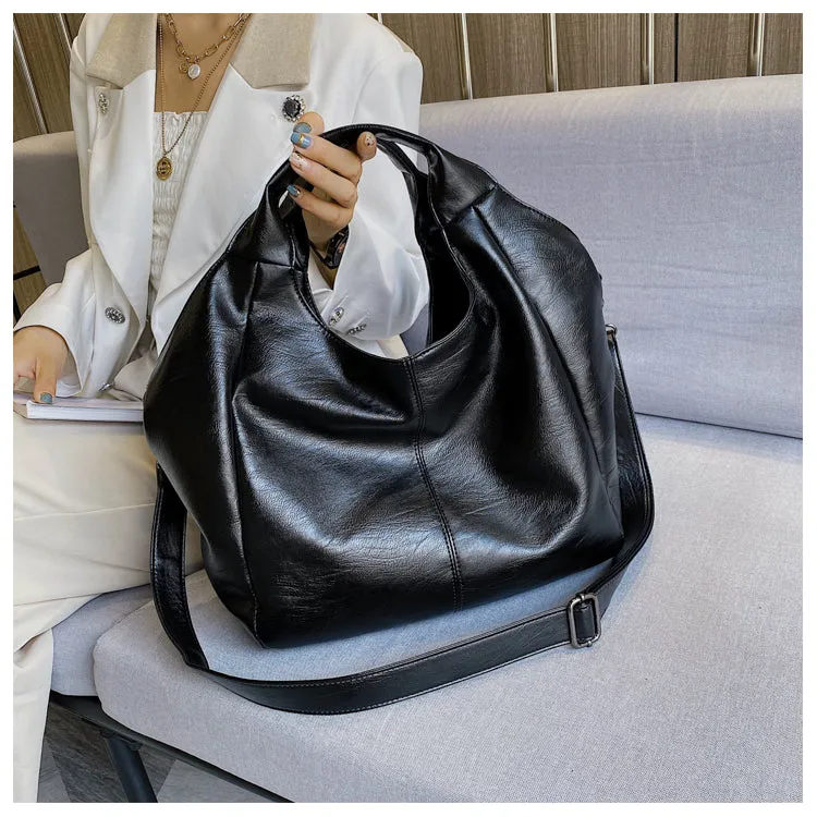 Half Moon Large Capacity Hobo Shopper Bag Soft PU -Green, White and Black