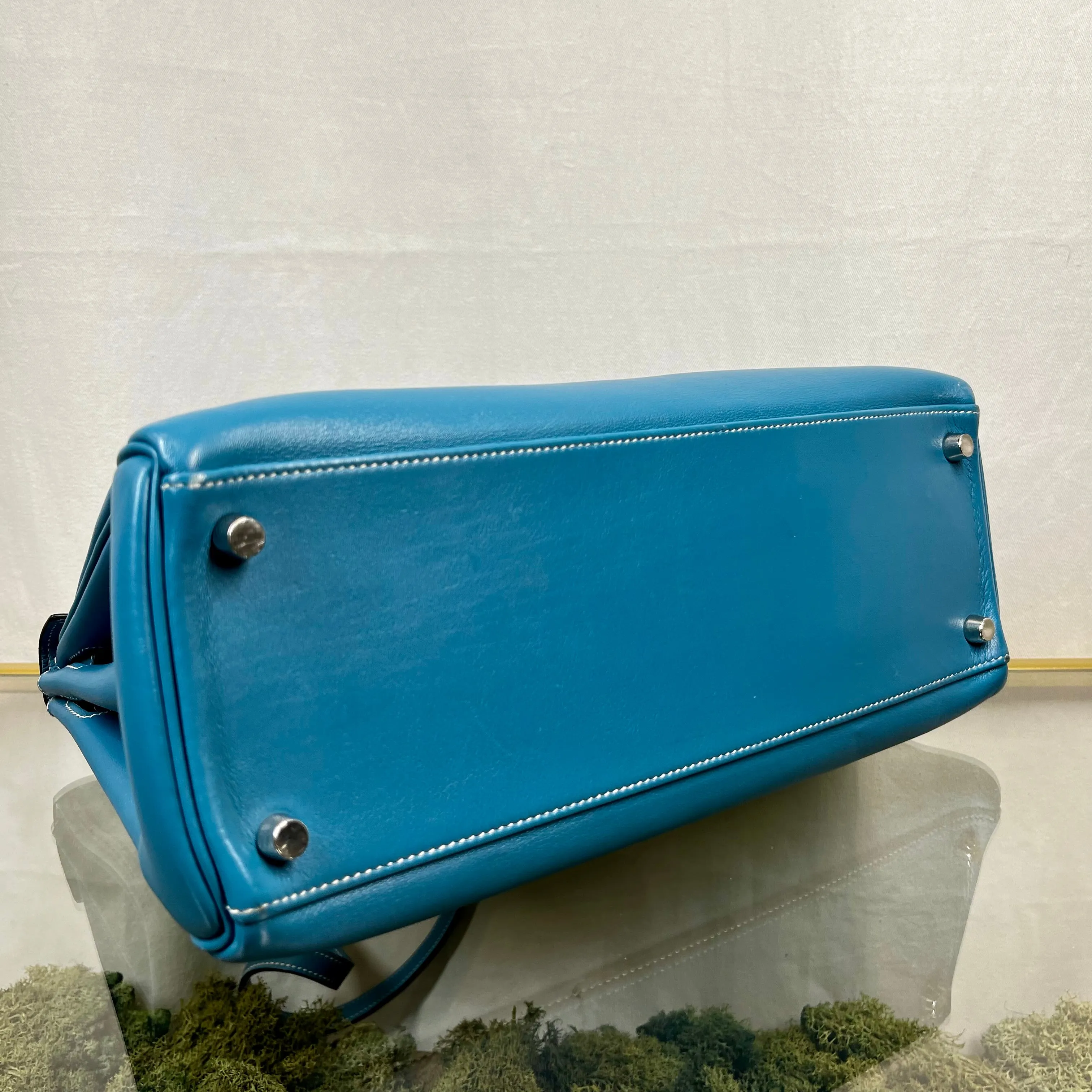 HERMES Kelly 32 Blue Jean Swift Satchel Bag