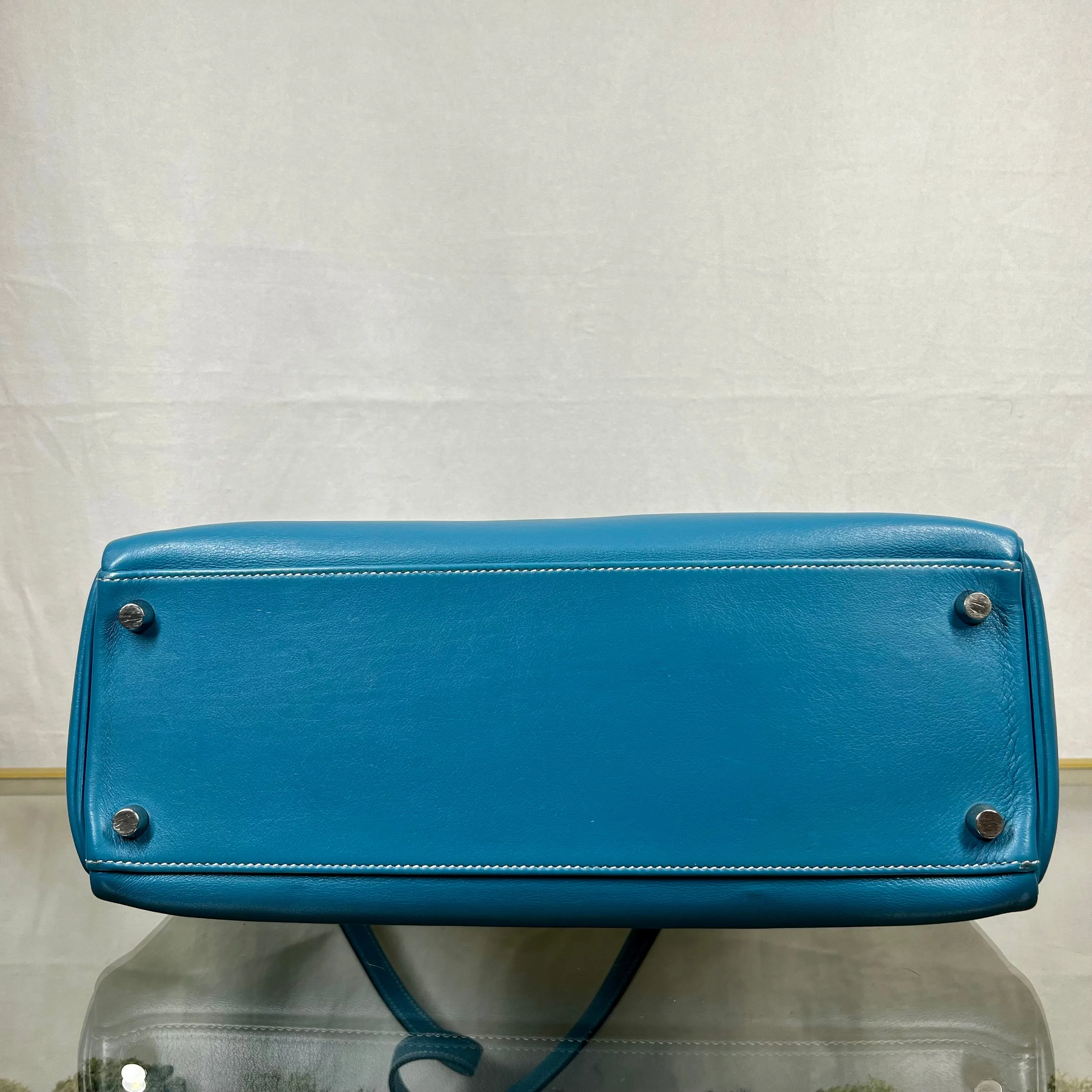 HERMES Kelly 32 Blue Jean Swift Satchel Bag