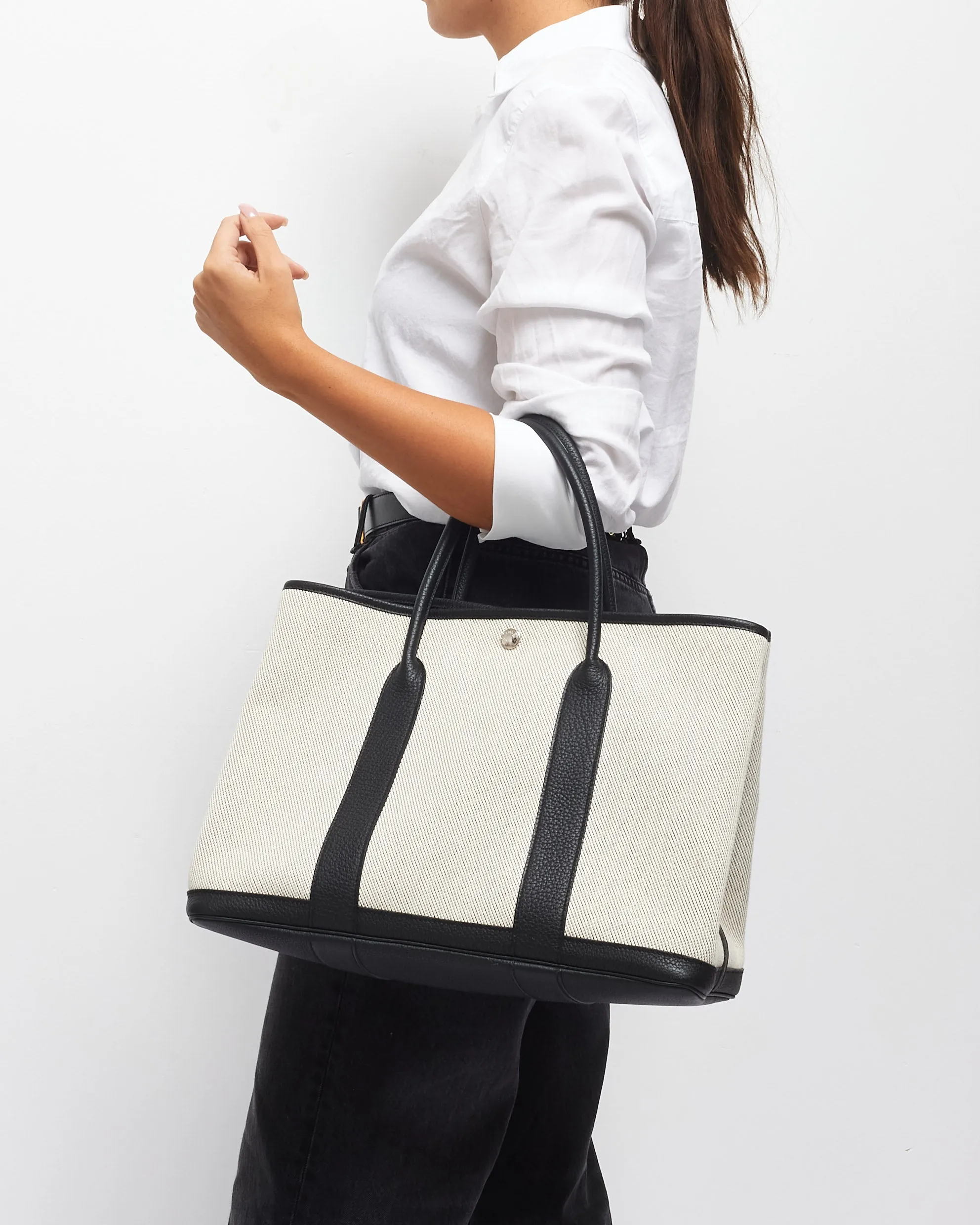 Hermès Cream Canvas & Black Leather Garden Party 36 Tote Bag