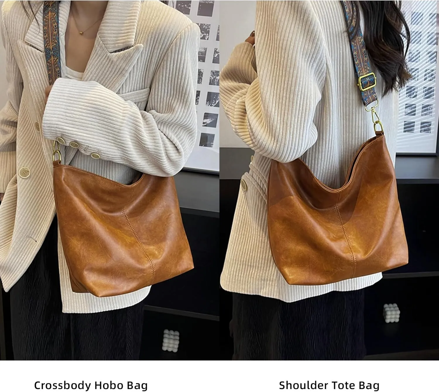 Hobo Bags for Women Crossbody Bag Guitar Strap Purse Vegan Leather Shoulder Handbags Boho Purses Tote Bucket Bag