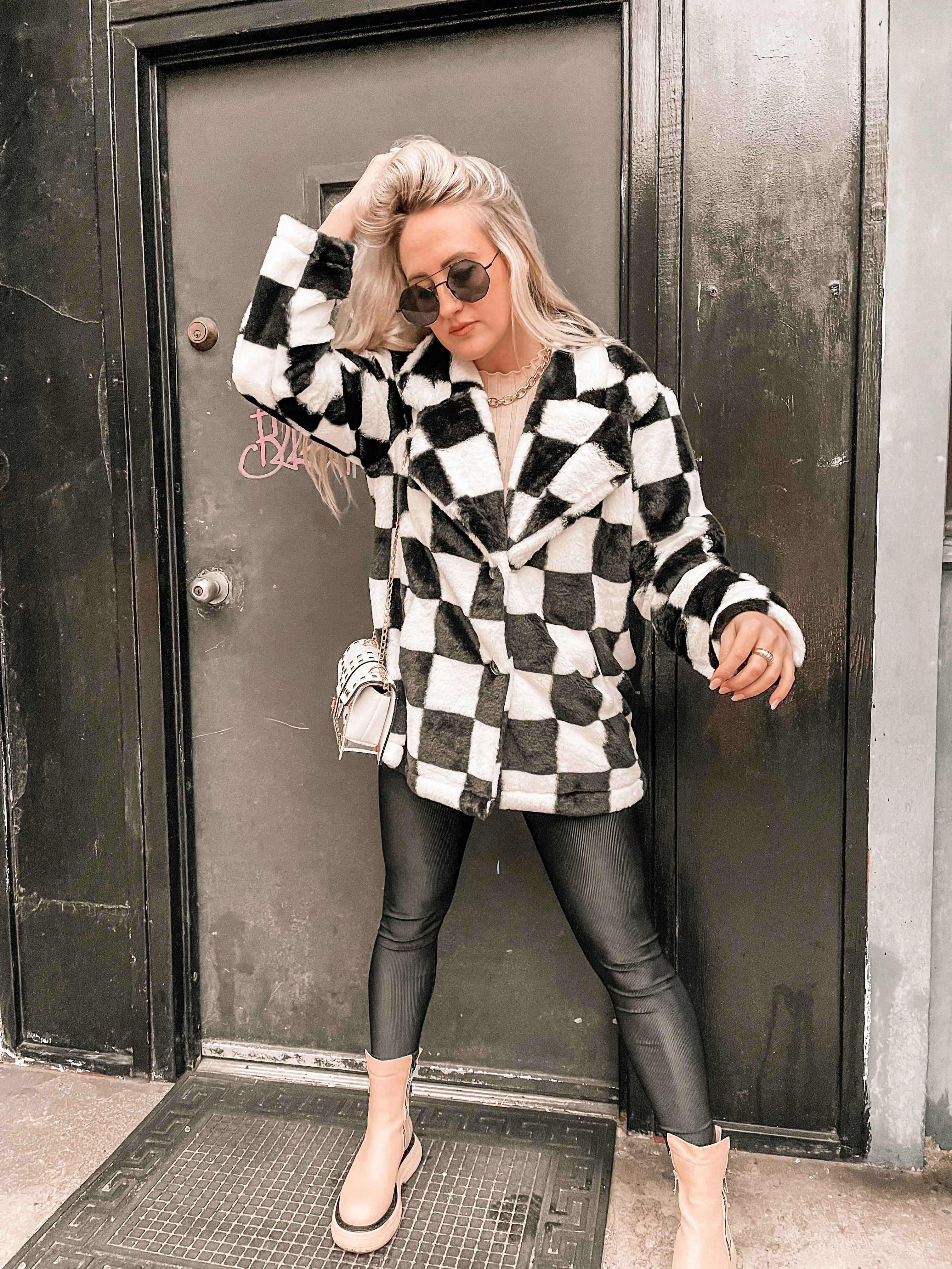 Kinda Obsessed Faux Fur Checkerboard Jacket