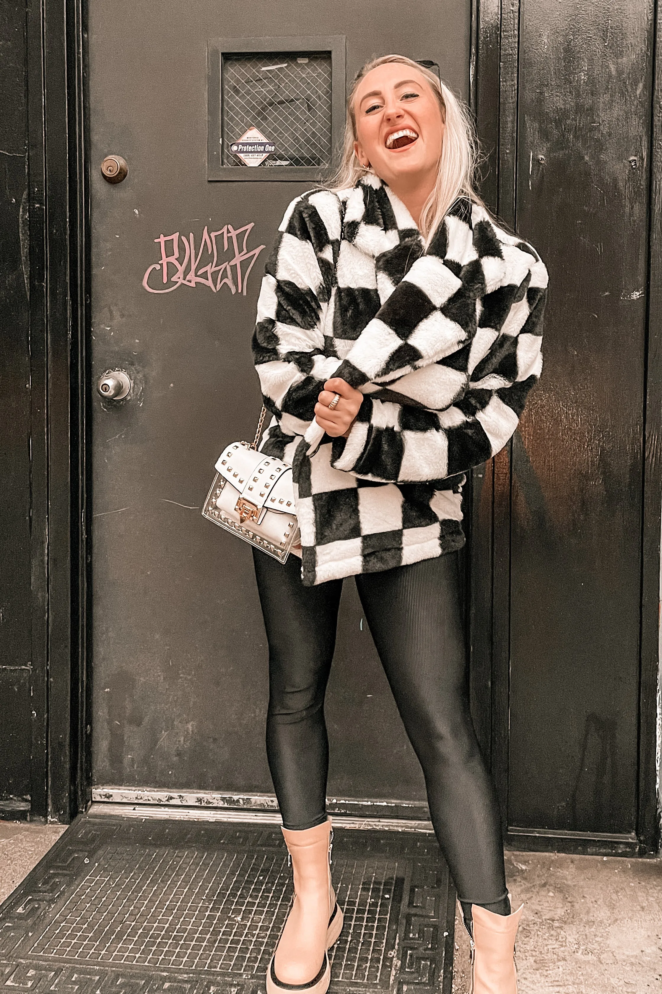 Kinda Obsessed Faux Fur Checkerboard Jacket