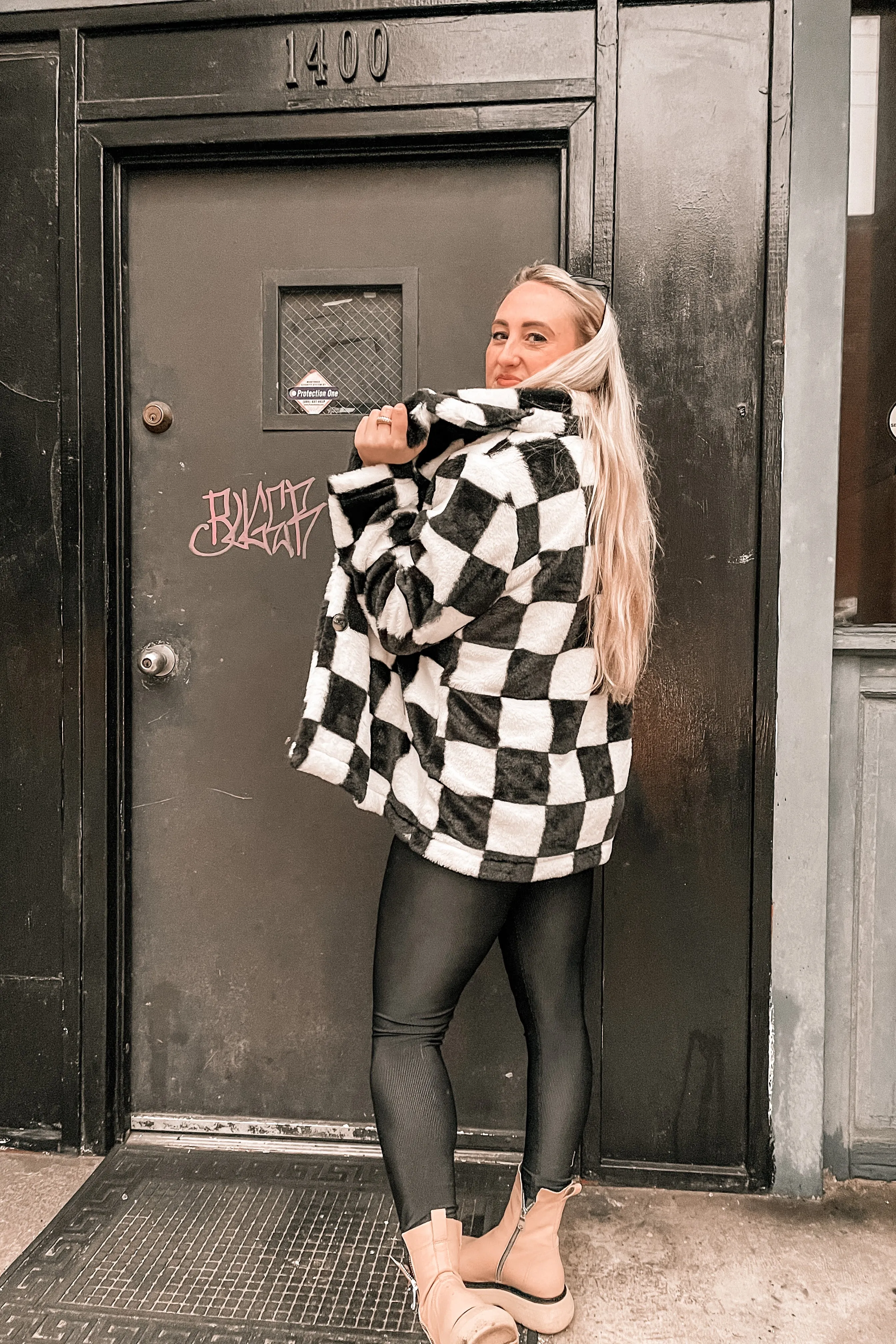 Kinda Obsessed Faux Fur Checkerboard Jacket