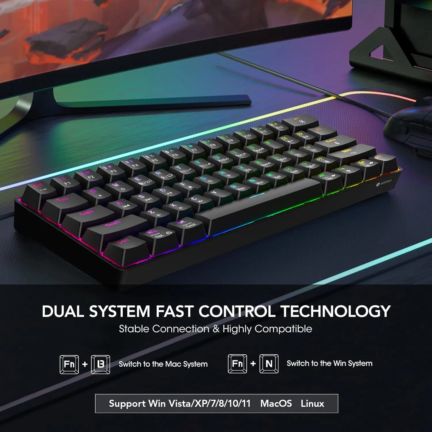 KOORUI Gaming Keyboard 60 Percent, Wired Ultra-Compact Mechanical Keyboard 61 Keys,26 RGB Backlit with Blue Switch Mini Keyboards for Windows MacOS Linux-Easy to Carry On Trip