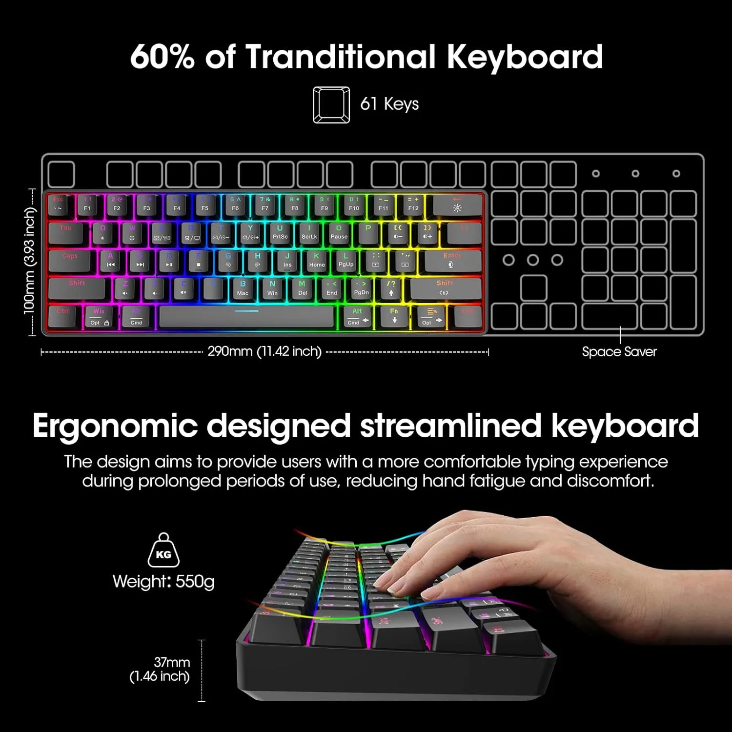 KOORUI Gaming Keyboard 60 Percent, Wired Ultra-Compact Mechanical Keyboard 61 Keys,26 RGB Backlit with Blue Switch Mini Keyboards for Windows MacOS Linux-Easy to Carry On Trip