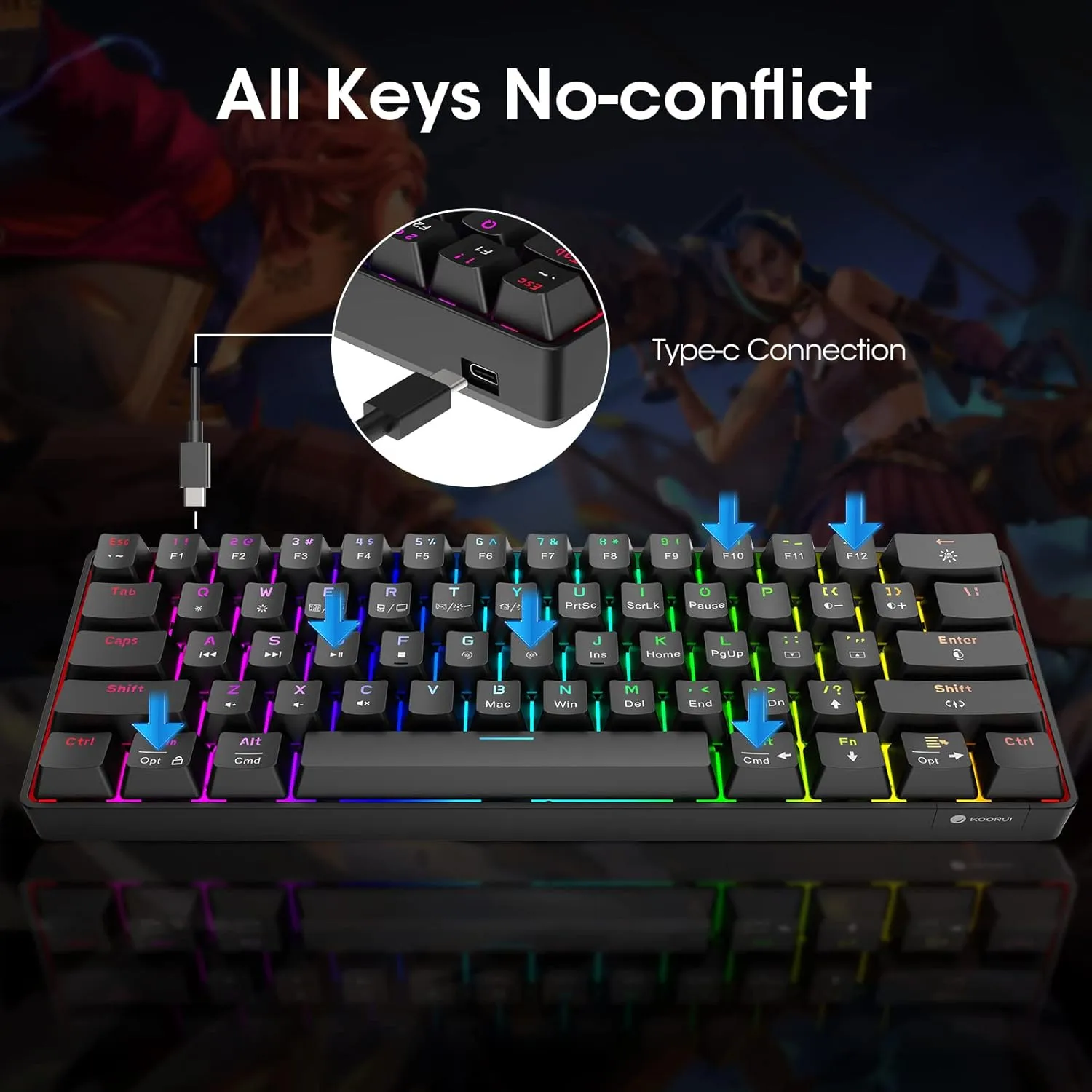 KOORUI Gaming Keyboard 60 Percent, Wired Ultra-Compact Mechanical Keyboard 61 Keys,26 RGB Backlit with Blue Switch Mini Keyboards for Windows MacOS Linux-Easy to Carry On Trip