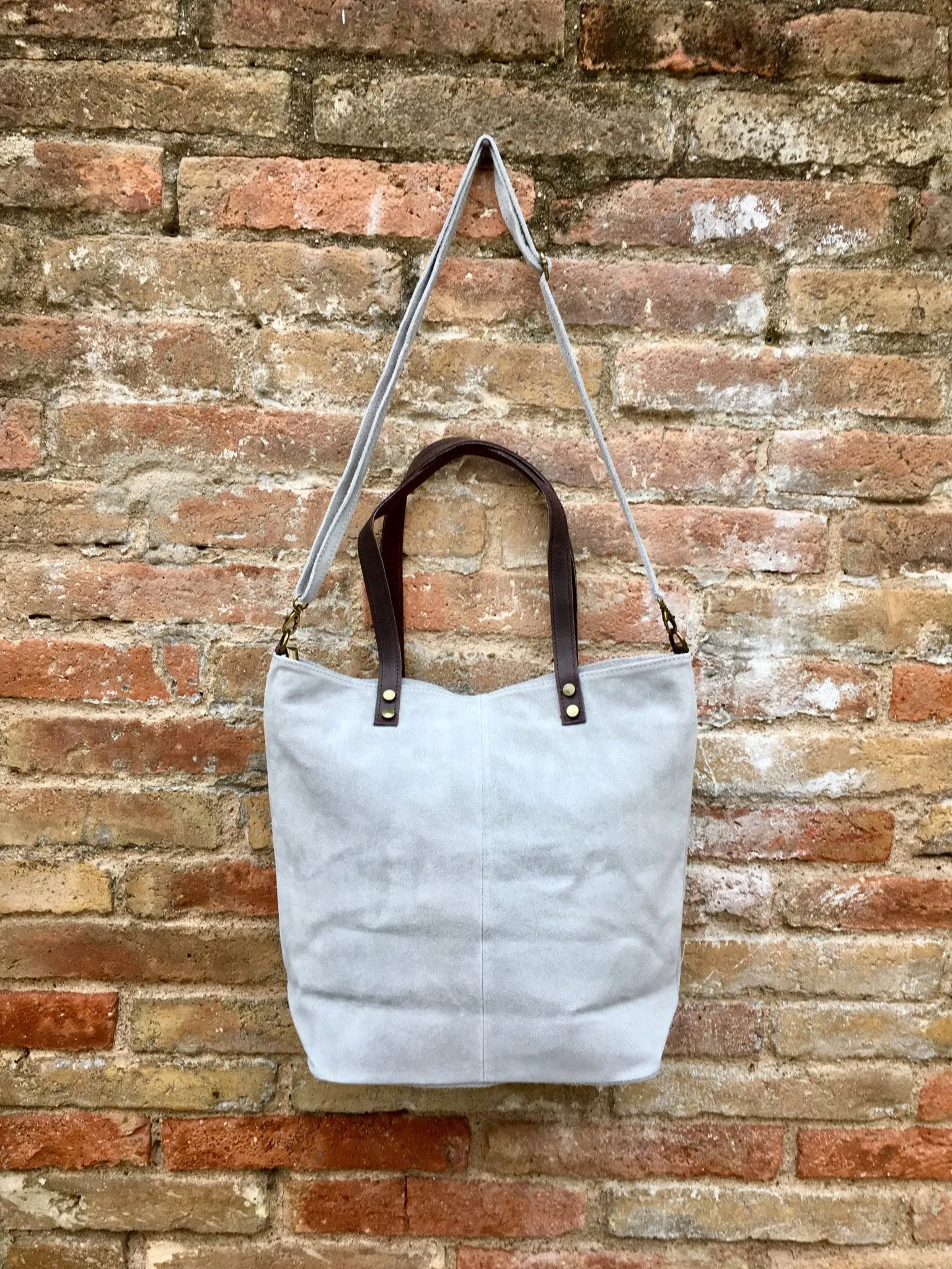 Large TOTE leather bag in light GRAY. Soft natural suede bag.  Genuine leather shopper.  Laptop or book  bag in suede.  Large crossbody bag.