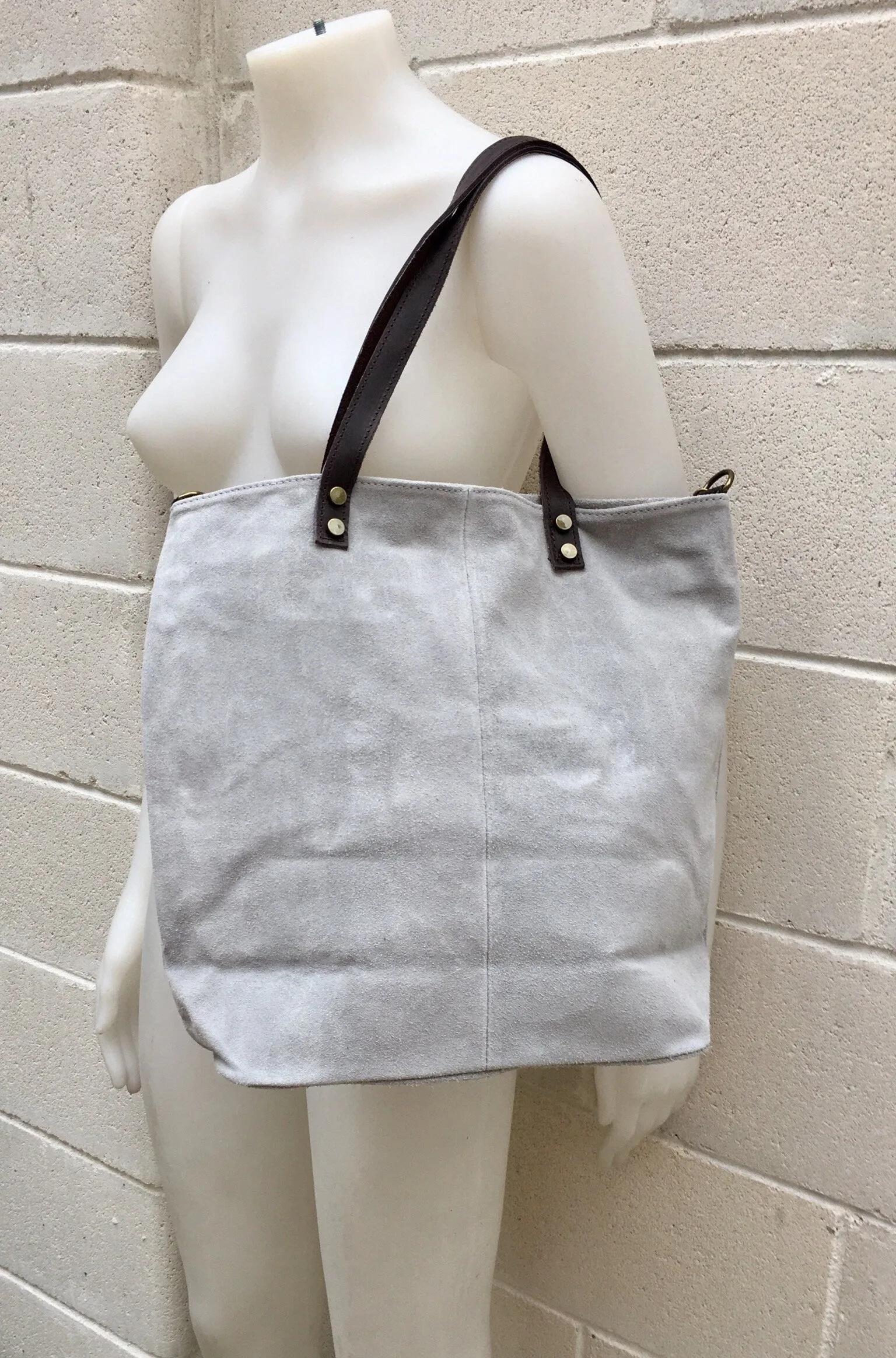 Large TOTE leather bag in light GRAY. Soft natural suede bag.  Genuine leather shopper.  Laptop or book  bag in suede.  Large crossbody bag.