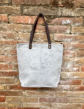 Large TOTE leather bag in light GRAY. Soft natural suede bag.  Genuine leather shopper.  Laptop or book  bag in suede.  Large crossbody bag.