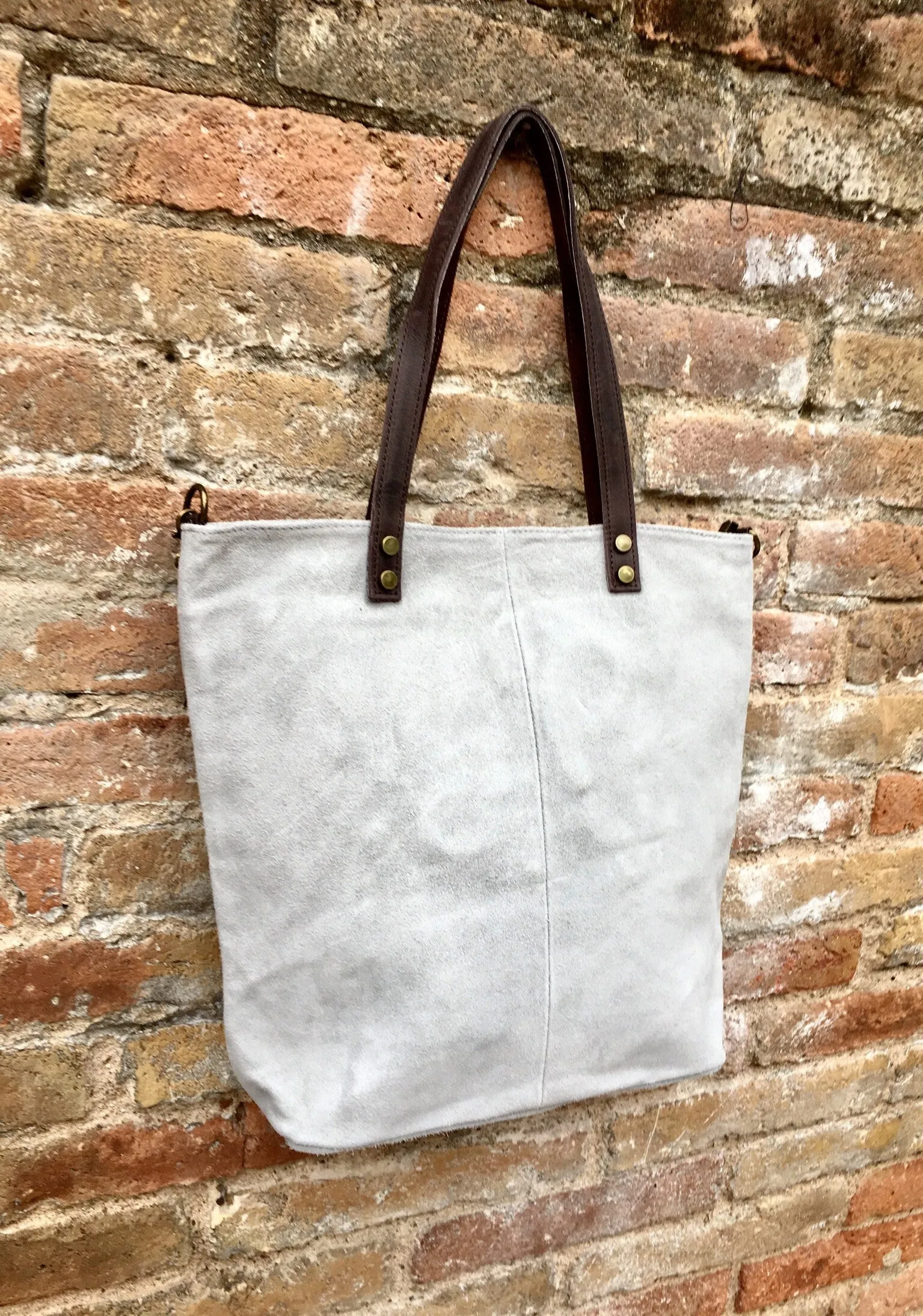 Large TOTE leather bag in light GRAY. Soft natural suede bag.  Genuine leather shopper.  Laptop or book  bag in suede.  Large crossbody bag.