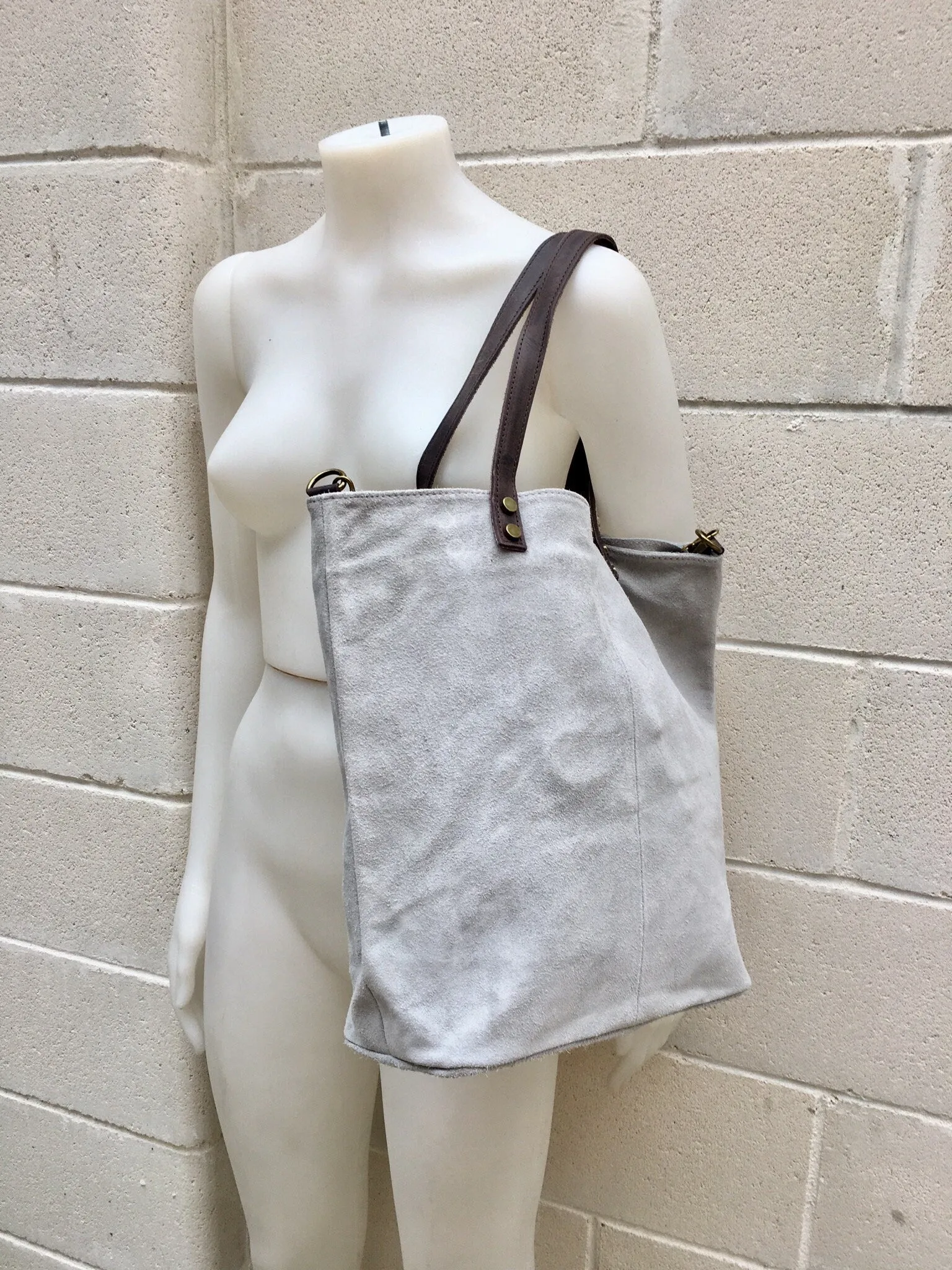 Large TOTE leather bag in light GRAY. Soft natural suede bag.  Genuine leather shopper.  Laptop or book  bag in suede.  Large crossbody bag.