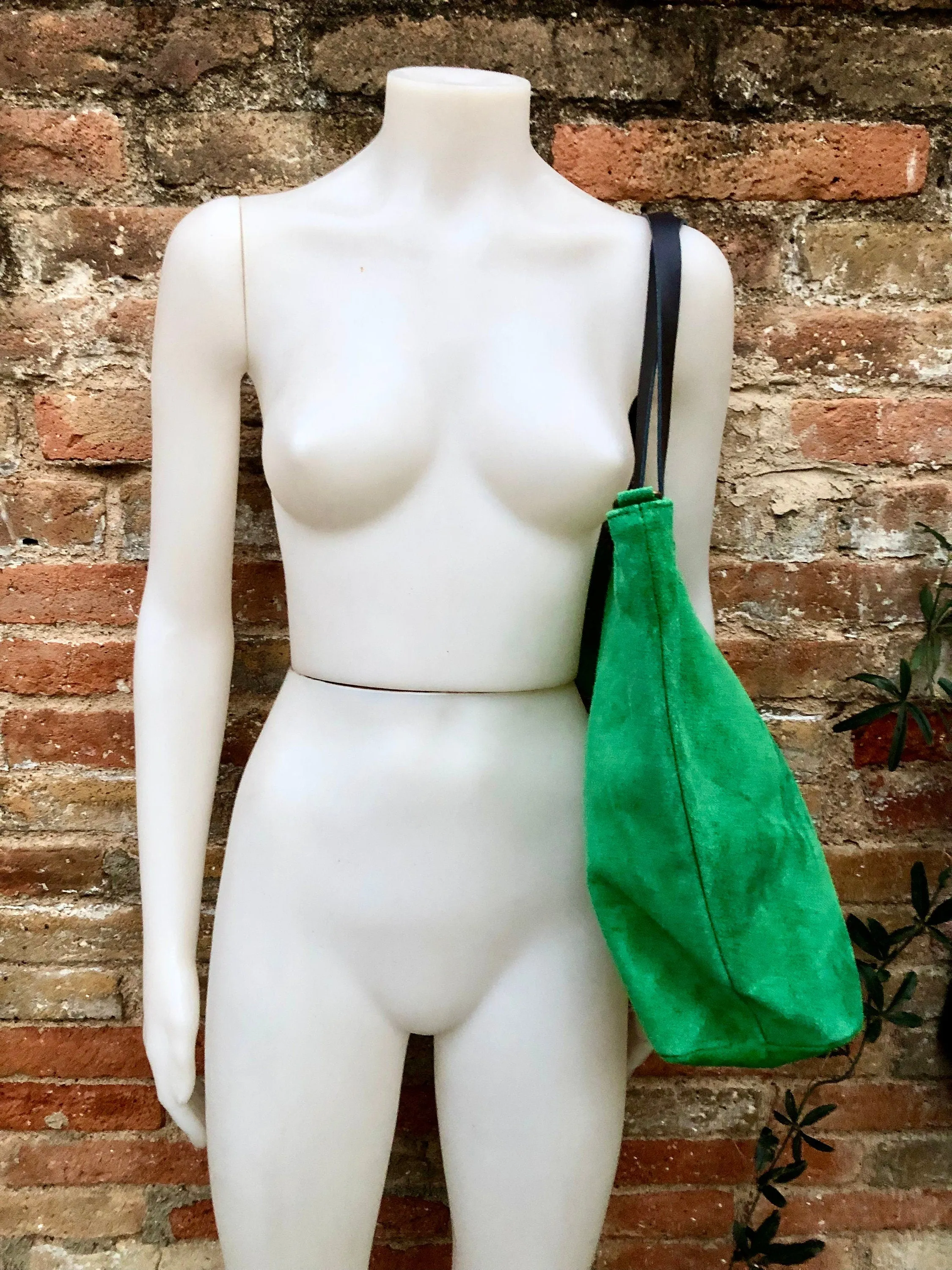 Large TOTE leather bag in moss green. Soft natural suede genuine leather bag. Lined GREEN suede purse. Shoulder   crossbody longer strap.
