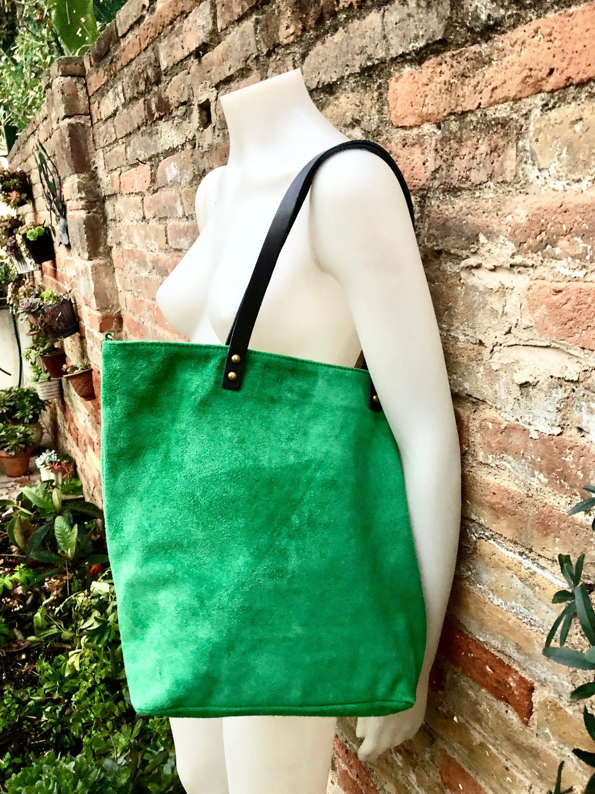 Large TOTE leather bag in moss green. Soft natural suede genuine leather bag. Lined GREEN suede purse. Shoulder   crossbody longer strap.