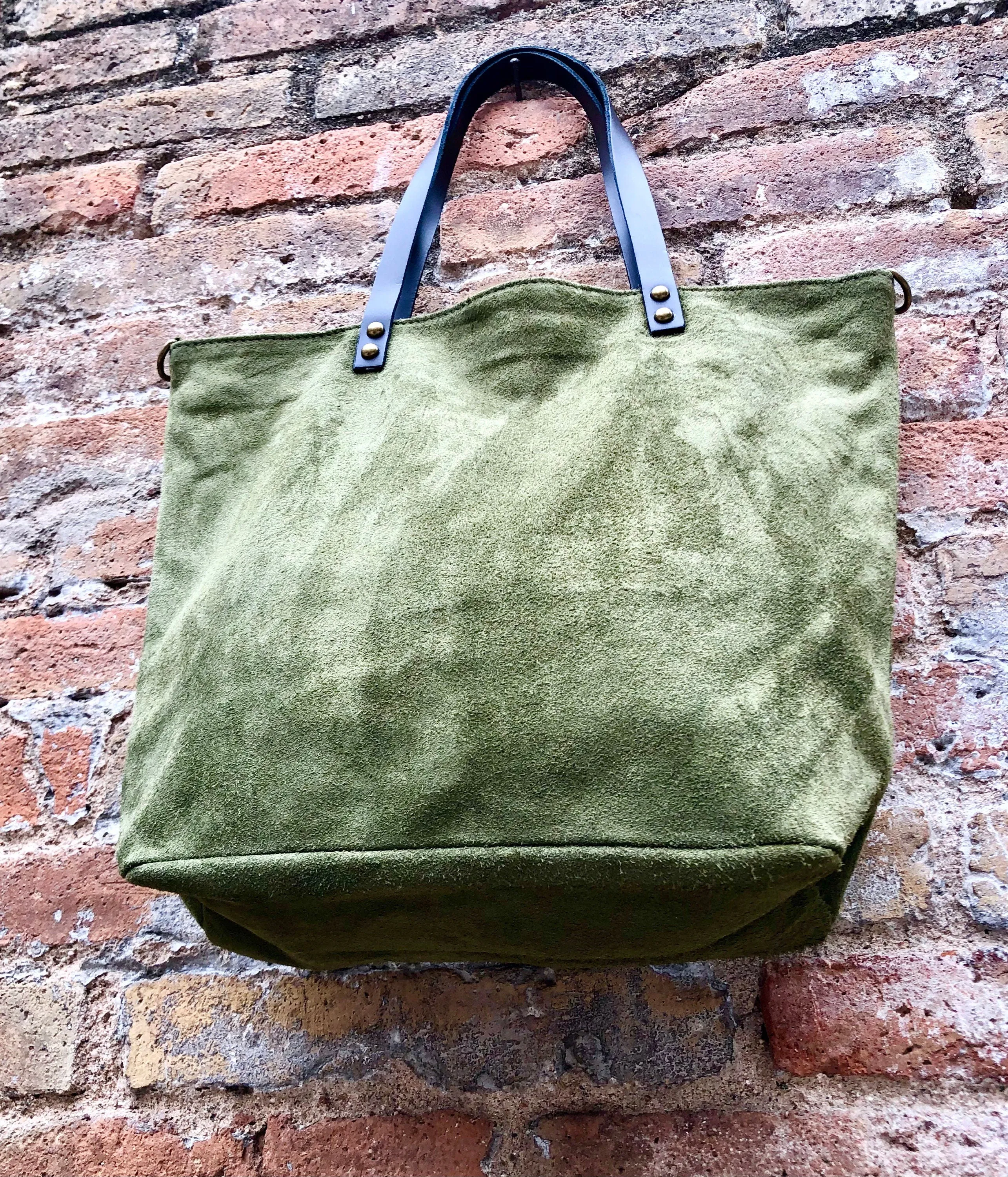 Large TOTE leather bag in moss green. Soft natural suede genuine leather bag. Lined GREEN suede purse. Shoulder   crossbody longer strap.